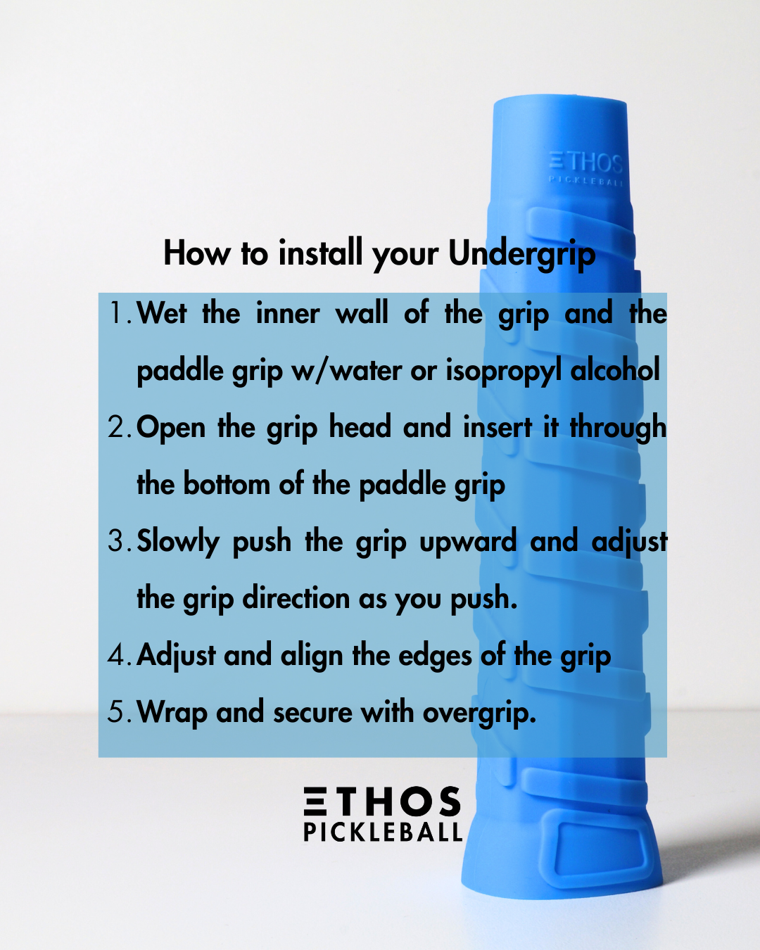 Blue lightweight undergrip by Ethos Pickleball, shown with installation instructions on a bright background.