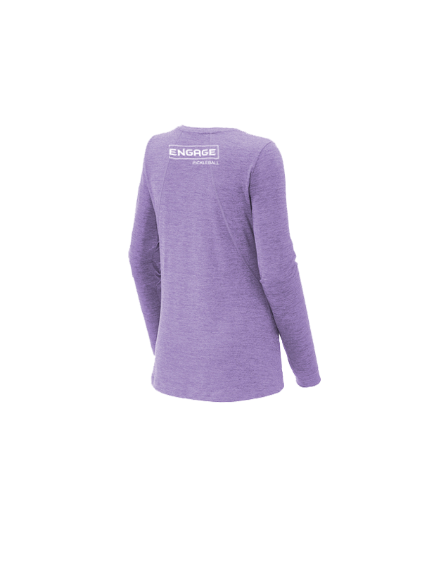 Purple heathered women's long sleeve crew by EngagePickleball, with a white logo on the upper back, back view.