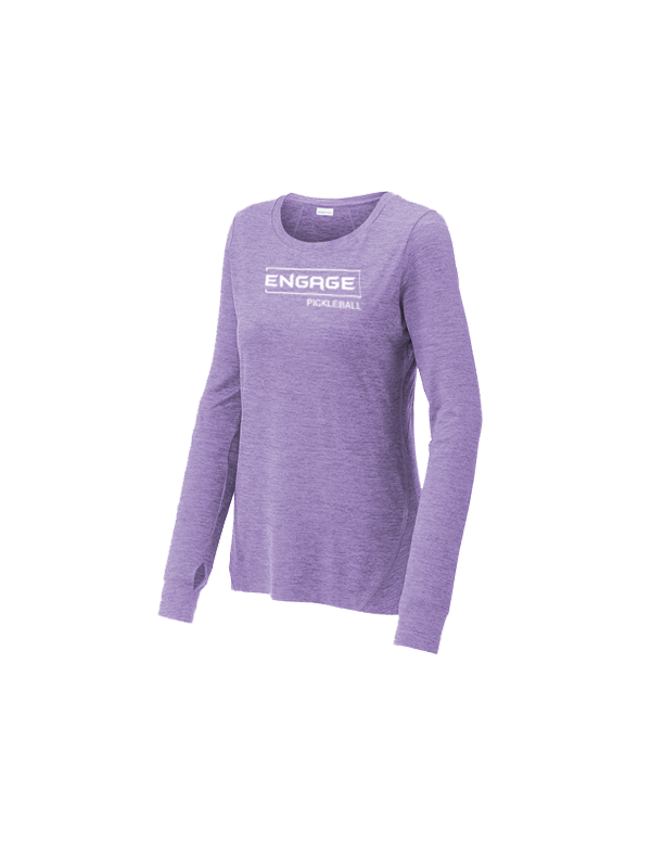Women's purple melange long sleeve crew shirt by EngagePickleball, featuring a white 'ENGAGE PICKLEBALL' logo and thumbholes.