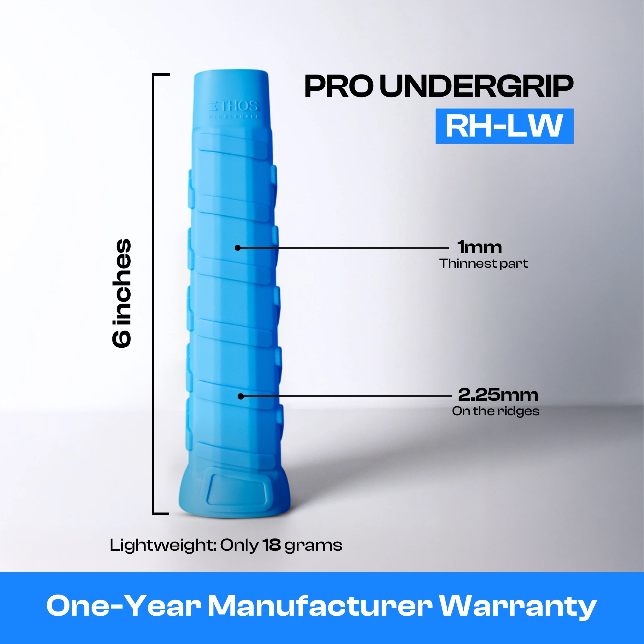 Blue Right Hand Lightweight Pro Undergrip by Ethos Pickleball, 6 inches long with 1mm thin sections and 2.25mm ridges, weighing 18 grams.