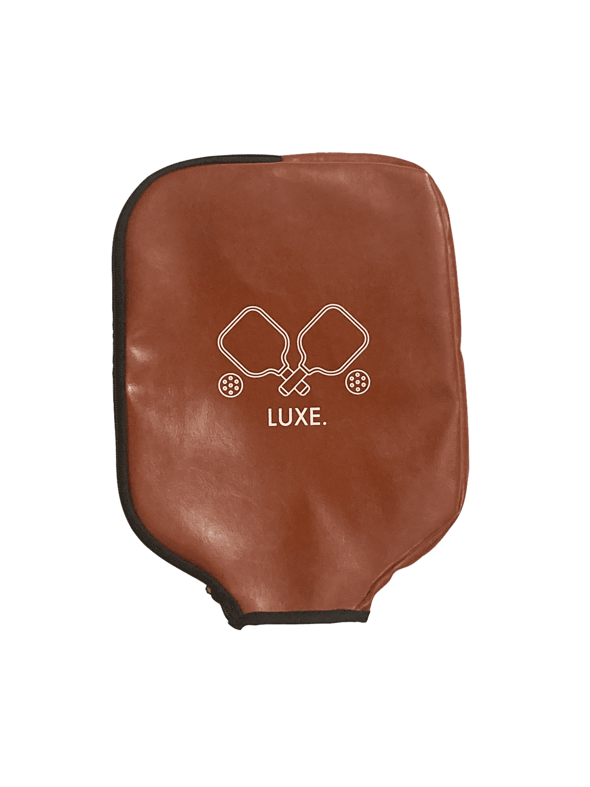 Brown leather pickleball paddle cover with a black trim. White logo of paddles and text.