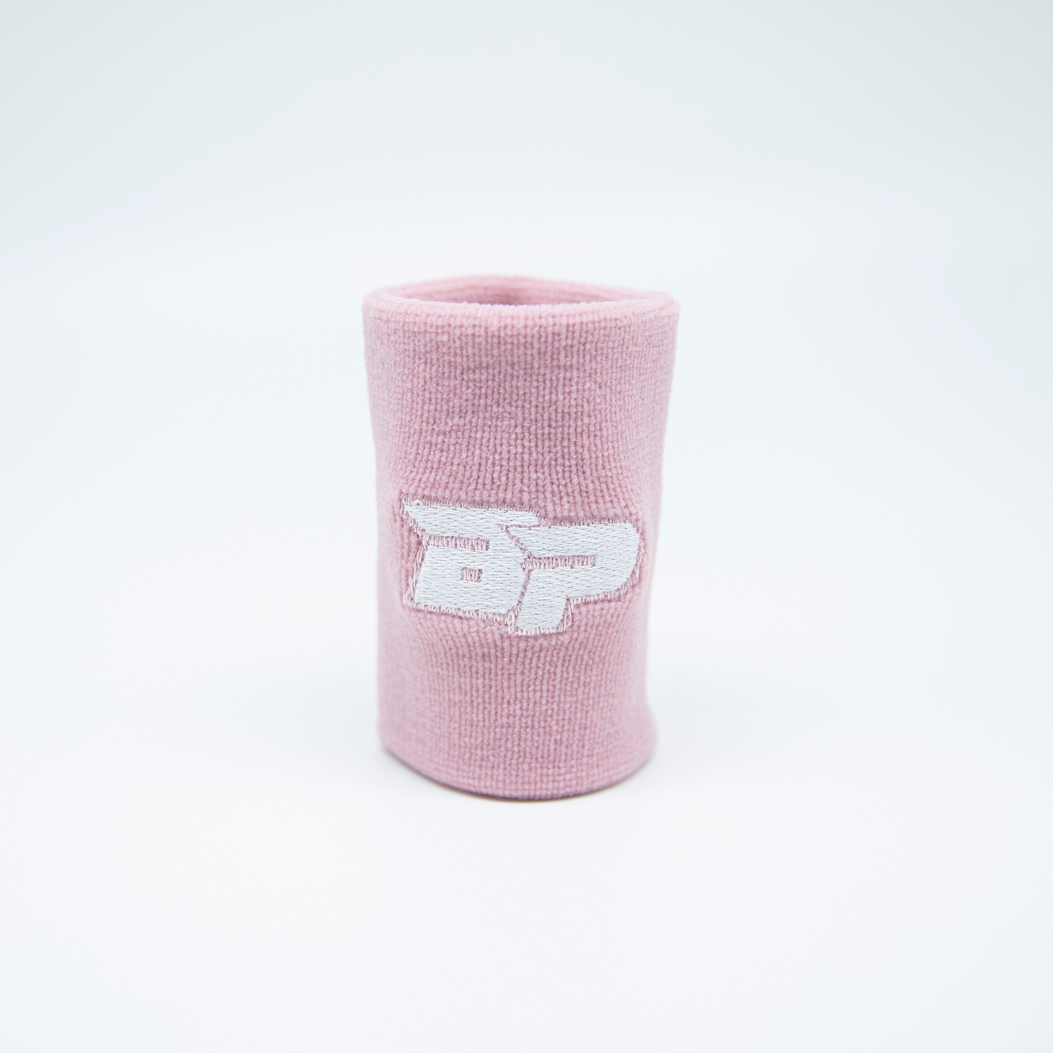 Pink wristband with white logo on white background.
