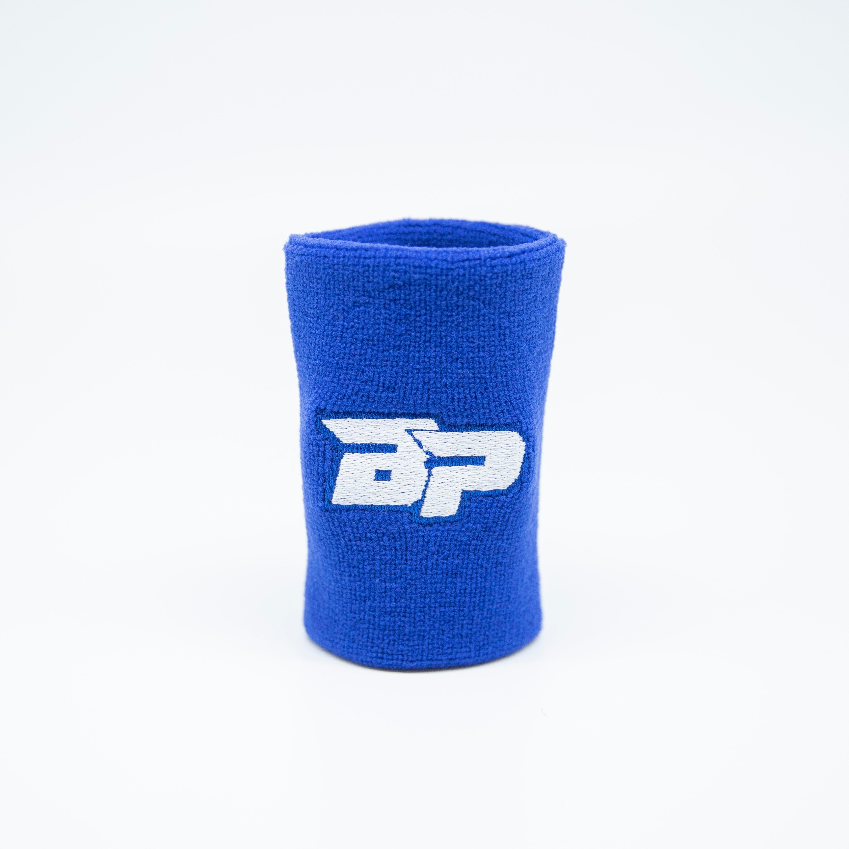 Blue wristband with white logo.
