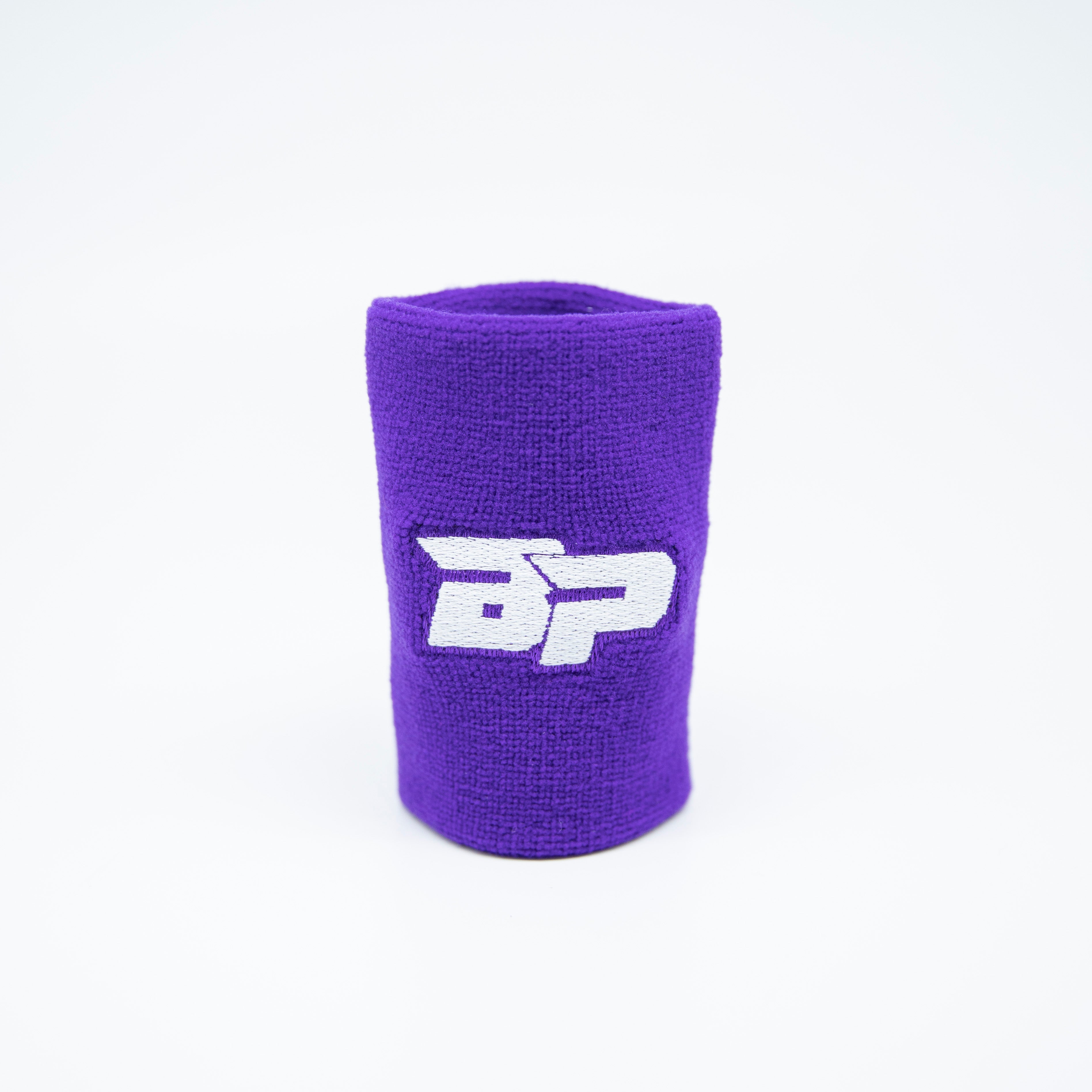 Purple terry cloth wristband with white logo.