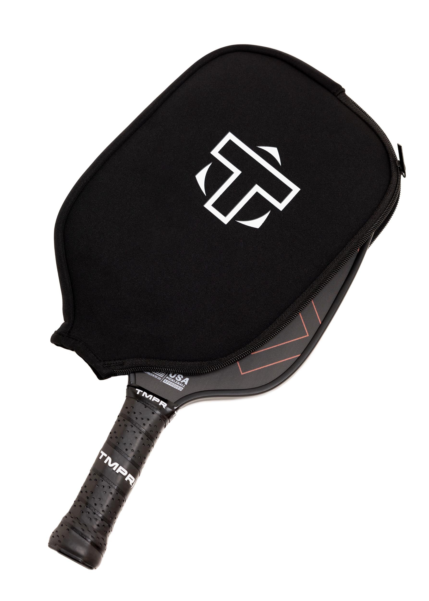 Black neoprene paddle cover by TMPR Sports, featuring a white logo, partially unzipped over a black paddle.
