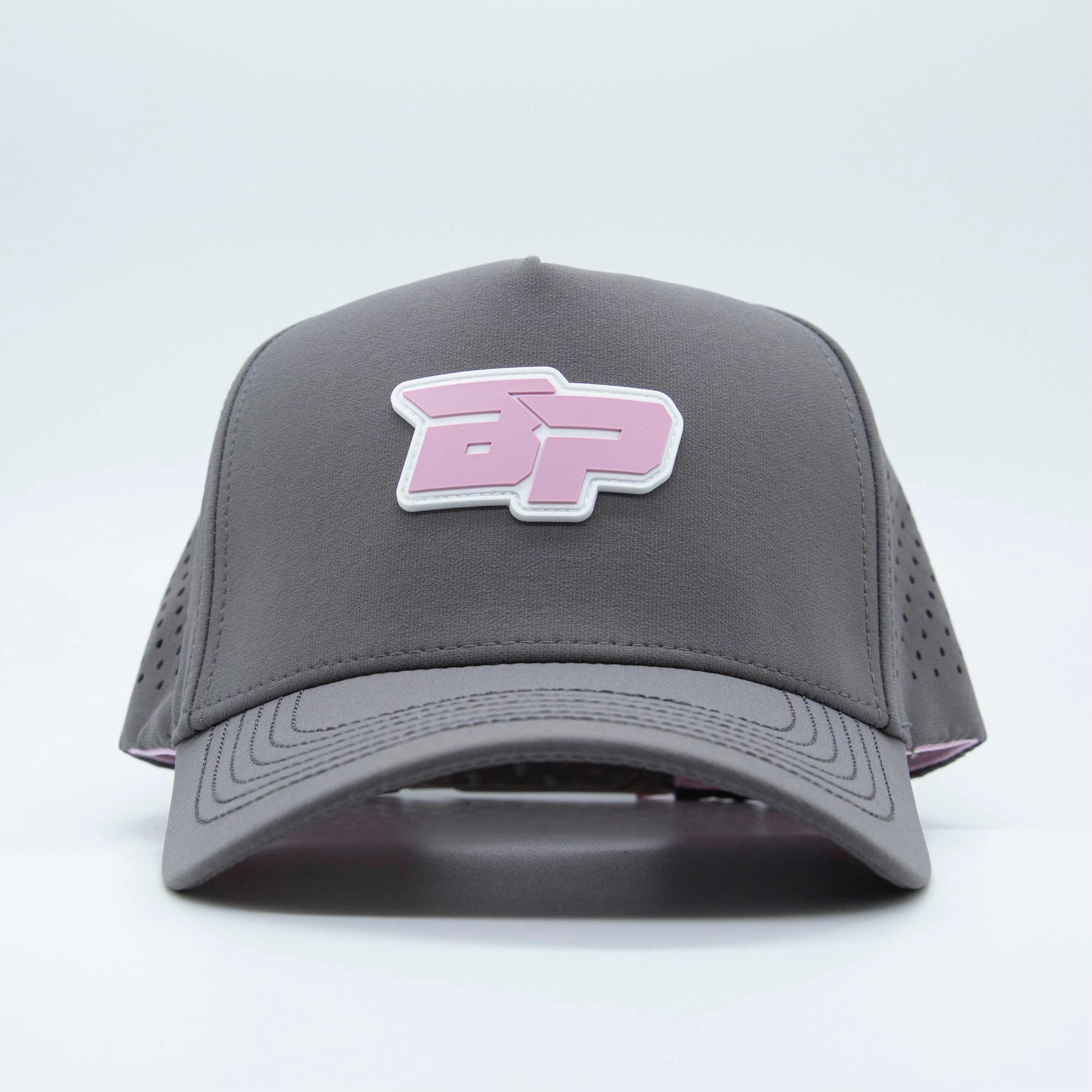 Gray and pink baseball cap.