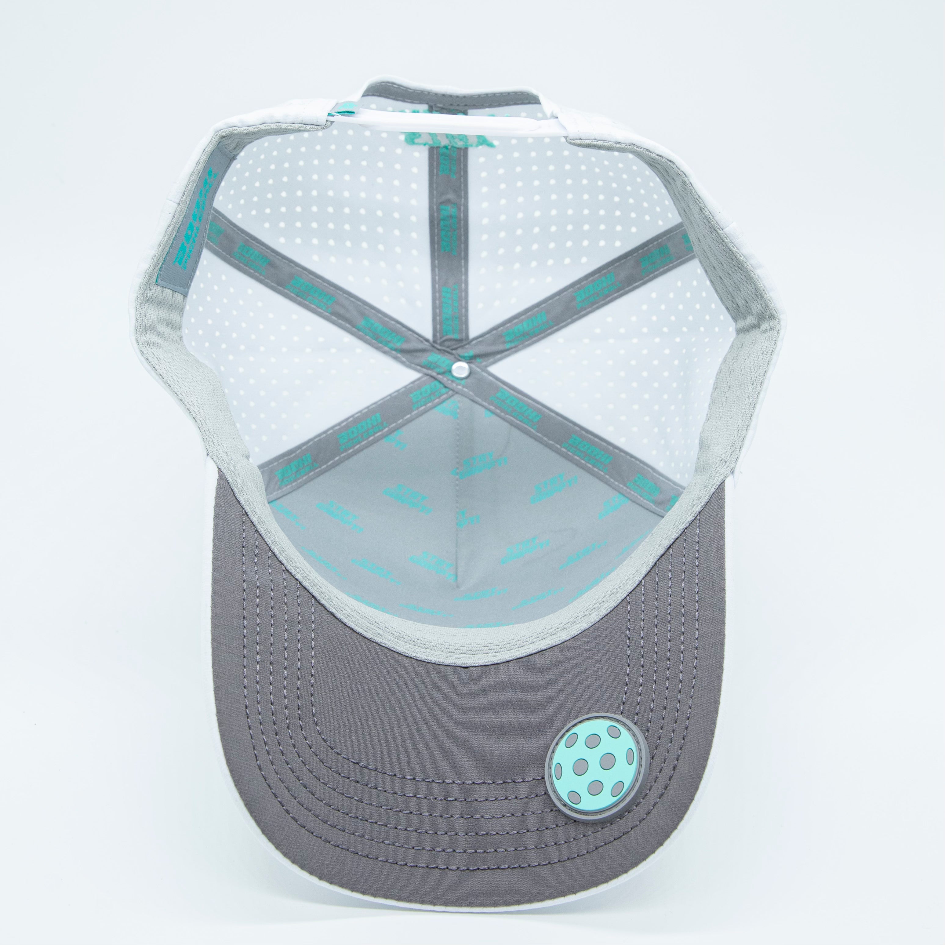 Gray and white baseball cap, inside view.