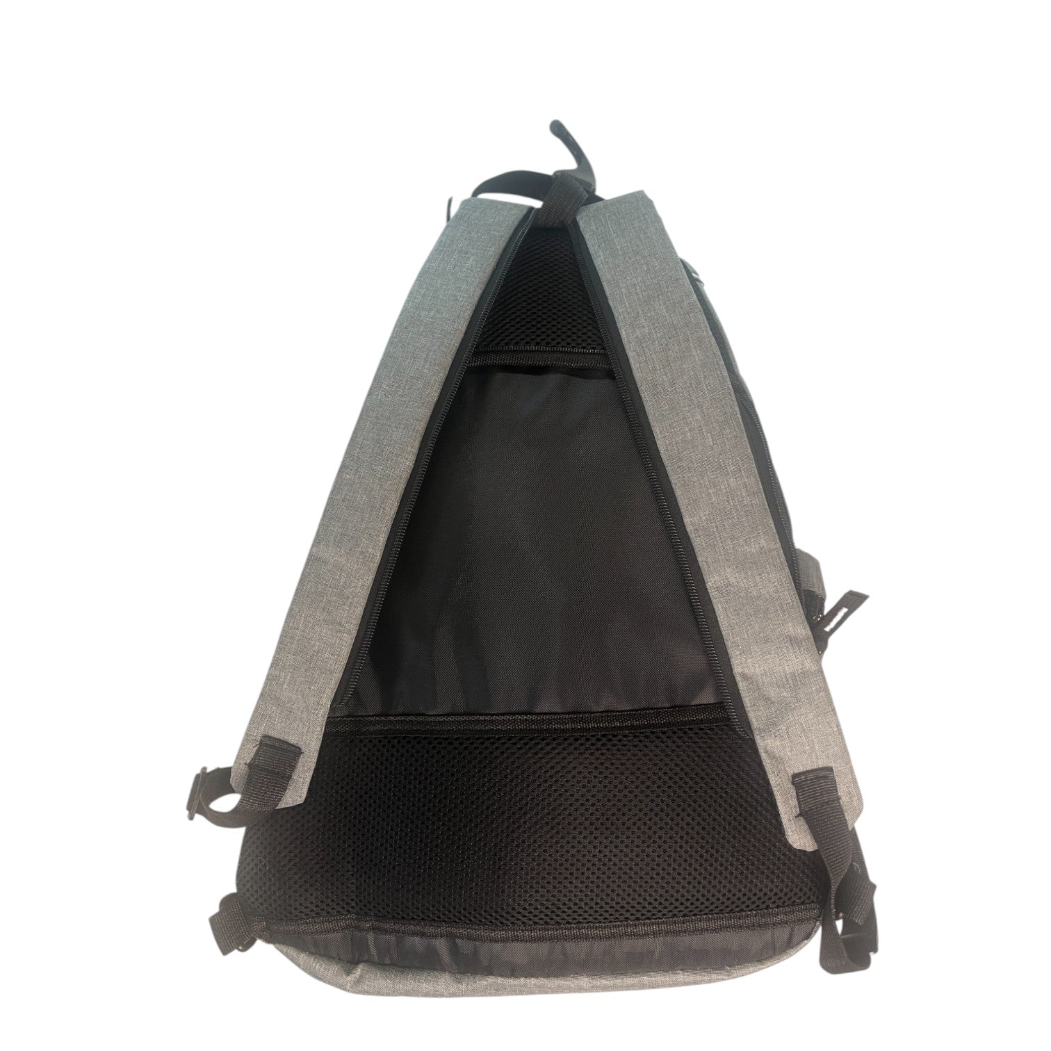 Back view of a gray and black backpack.