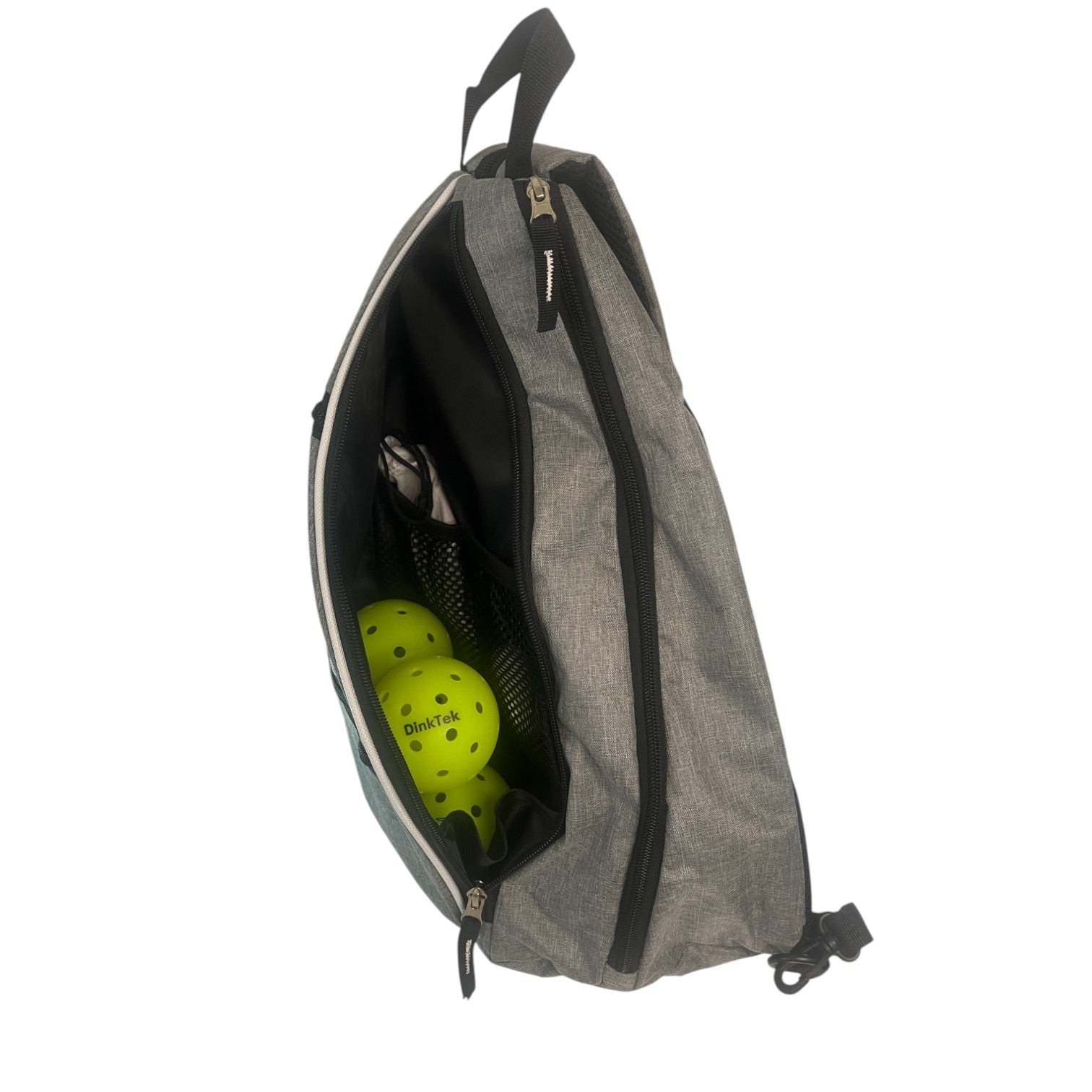 Gray bag with yellow pickleballs.