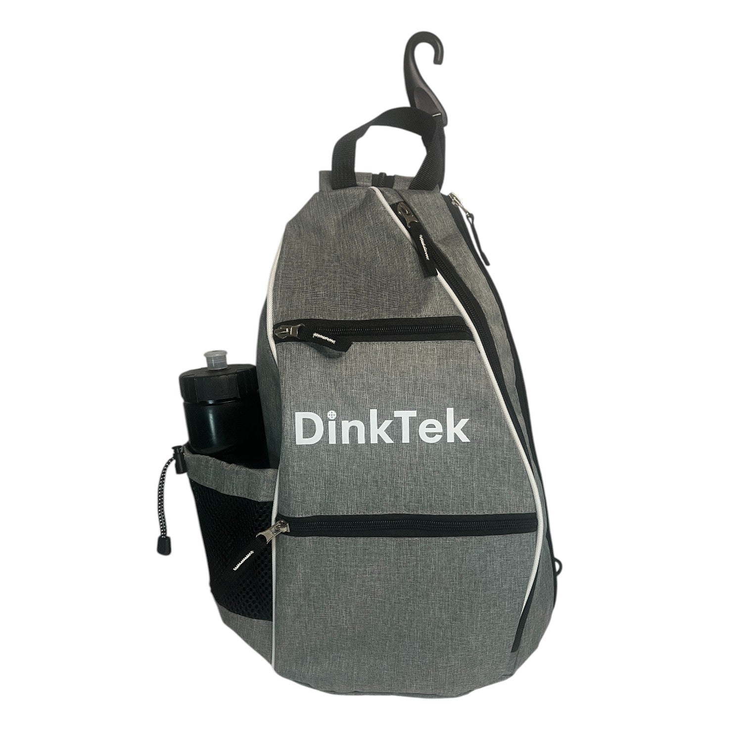 Gray DinkTek sling bag with water bottle.