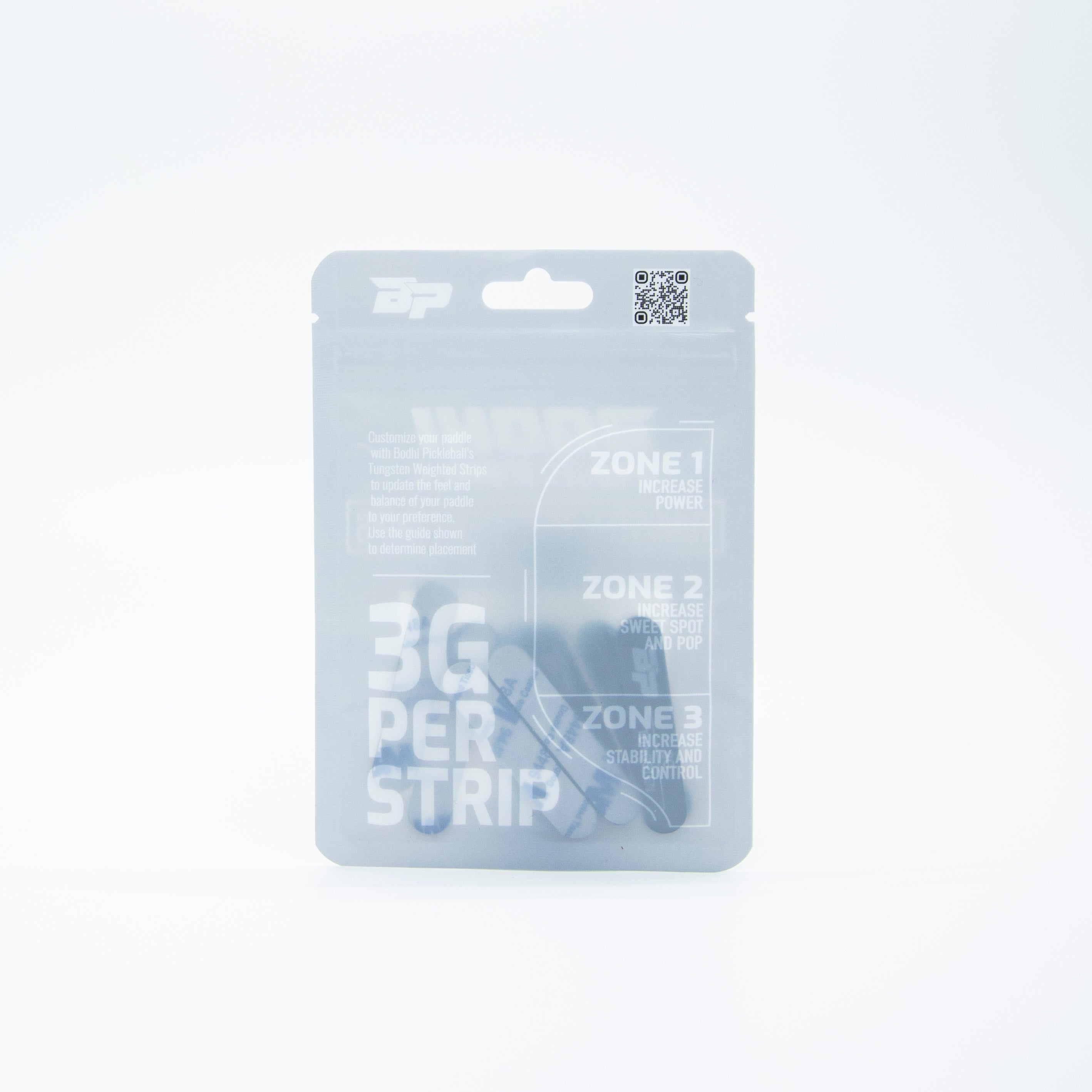 A package of Bodhi Pickleball Tungsten Weighted Strips, with information about how the strips can customize the paddle and add weight to specific zones for increasing power, sweet spot, stability, and control.