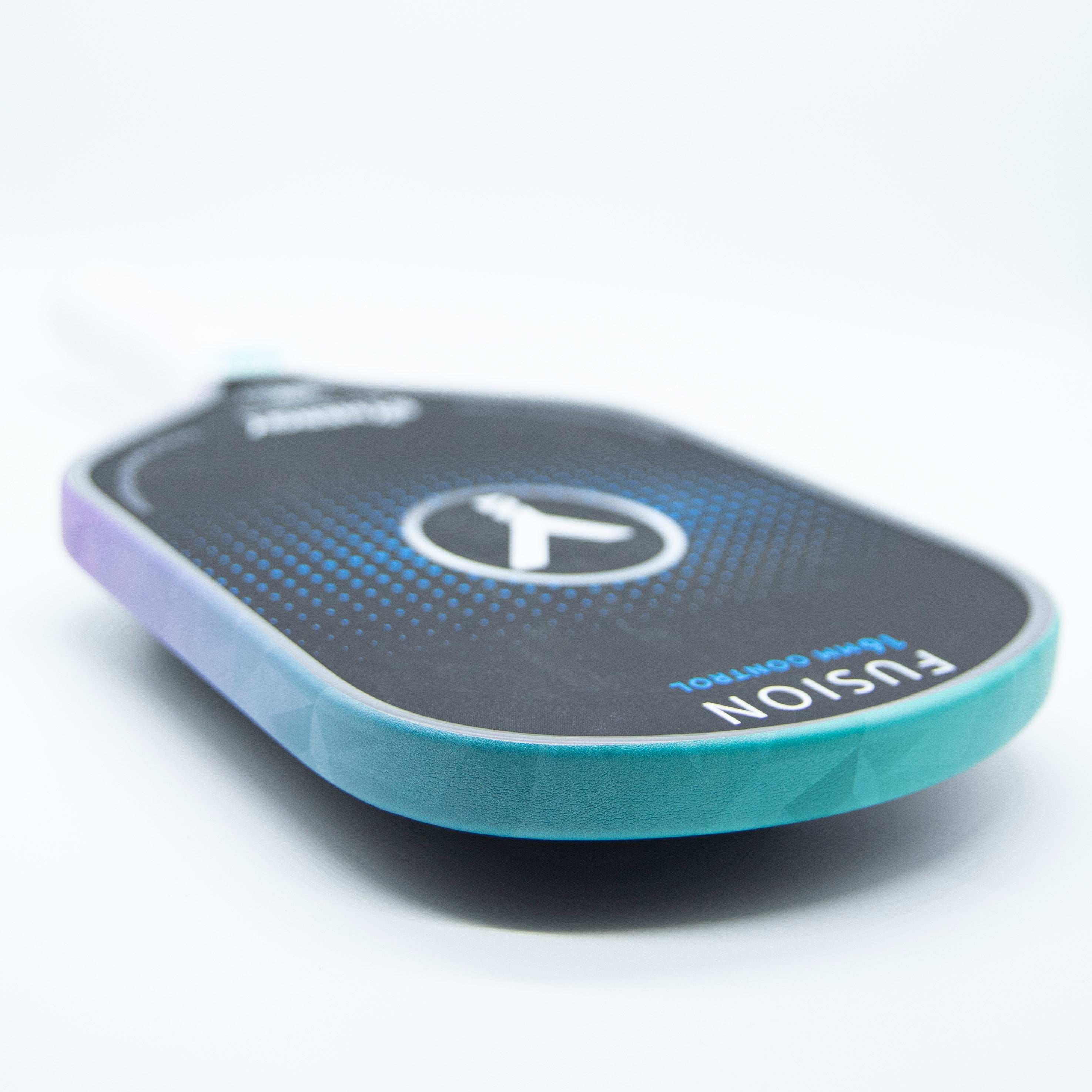 Angled view of a colorful pickleball paddle.