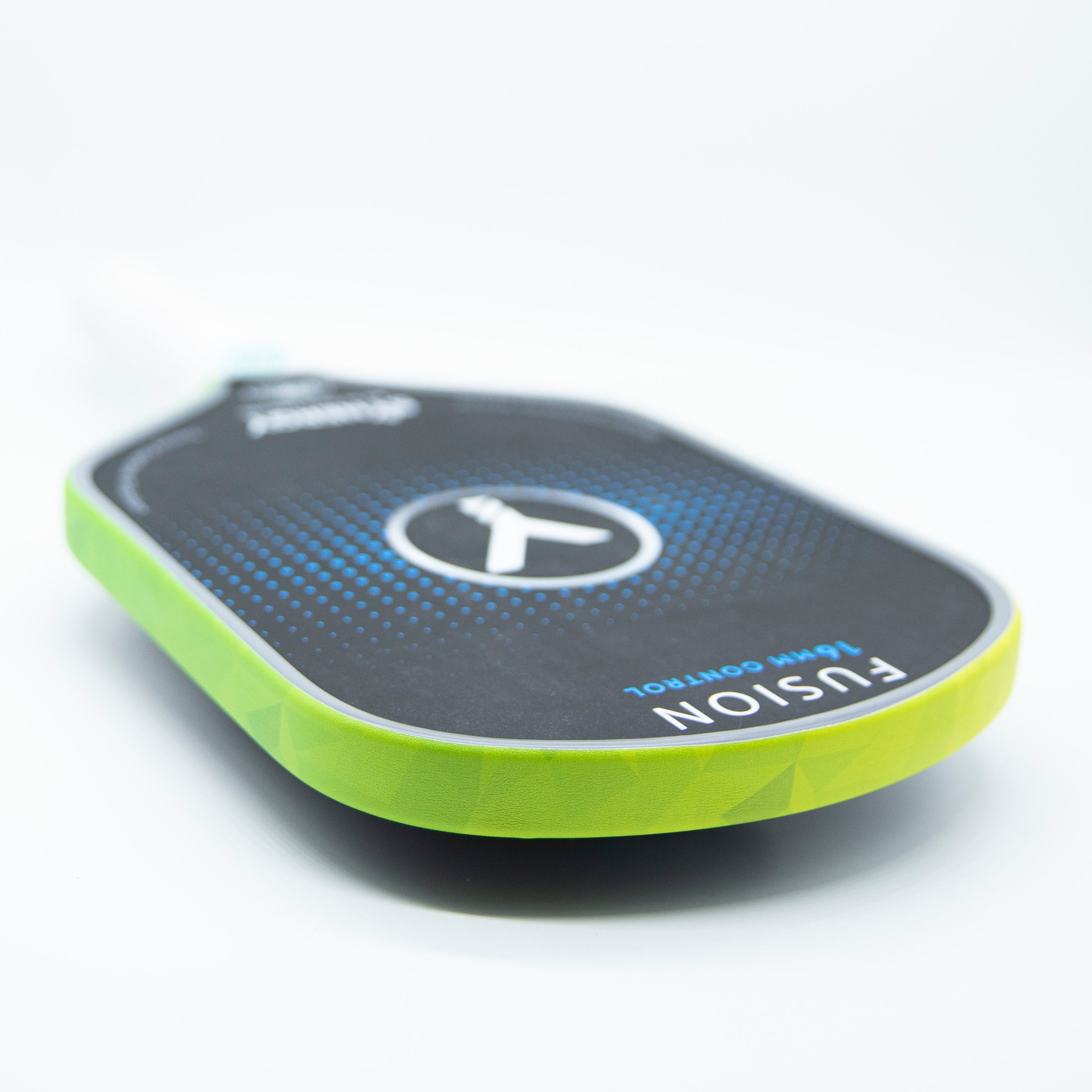 Angled view of a lime green and black pickleball paddle.