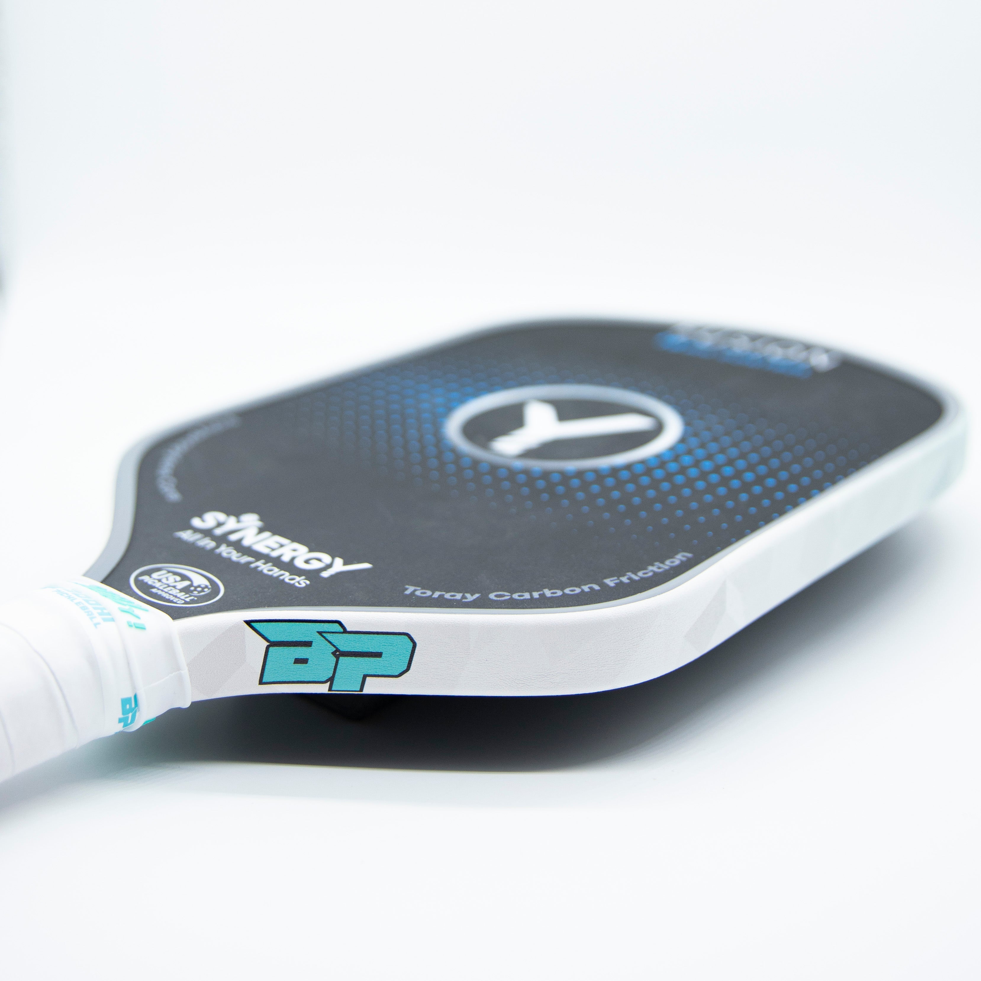 Pickleball paddle with blue and black design.