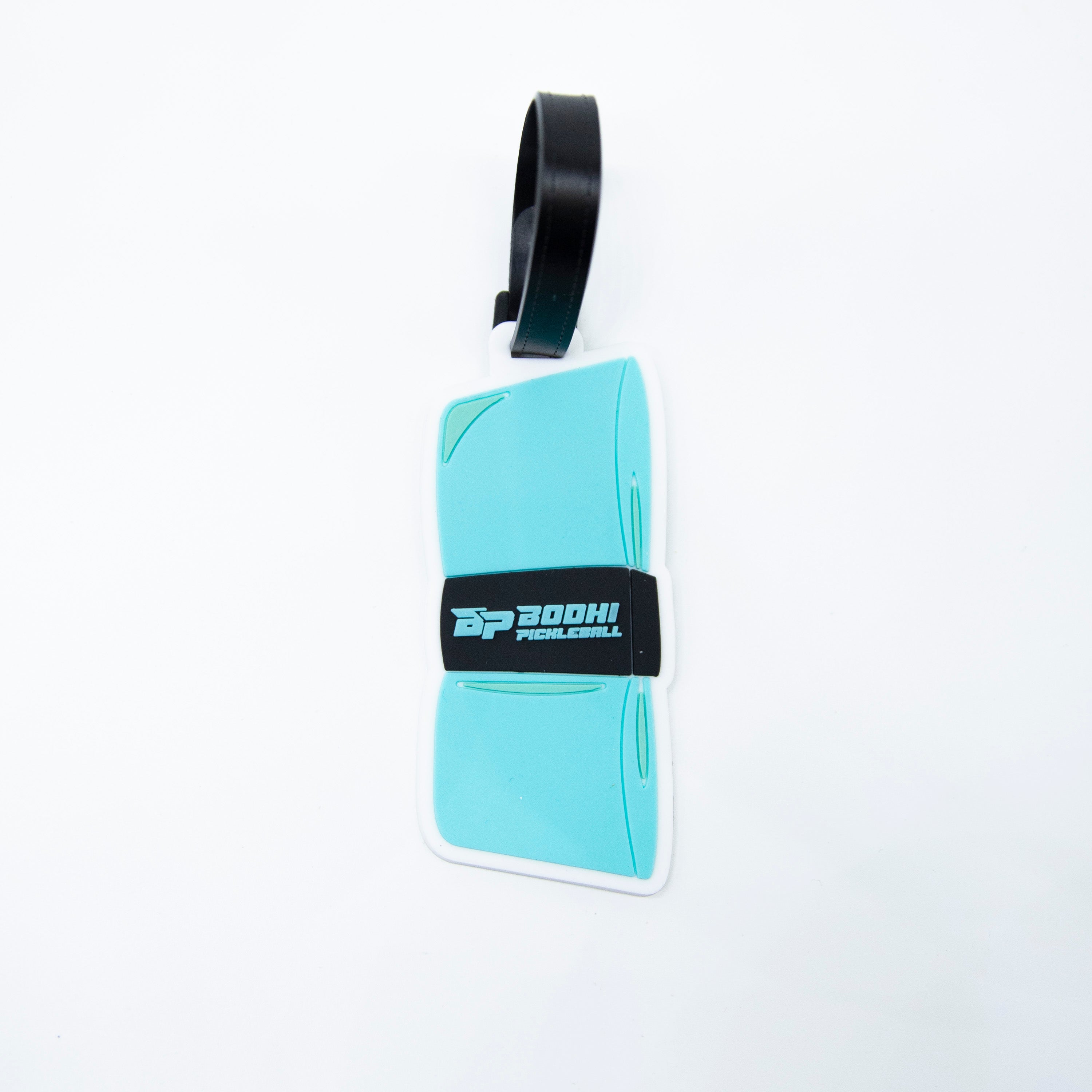 Blue and white BOOHI pickleball luggage tag with black strap.