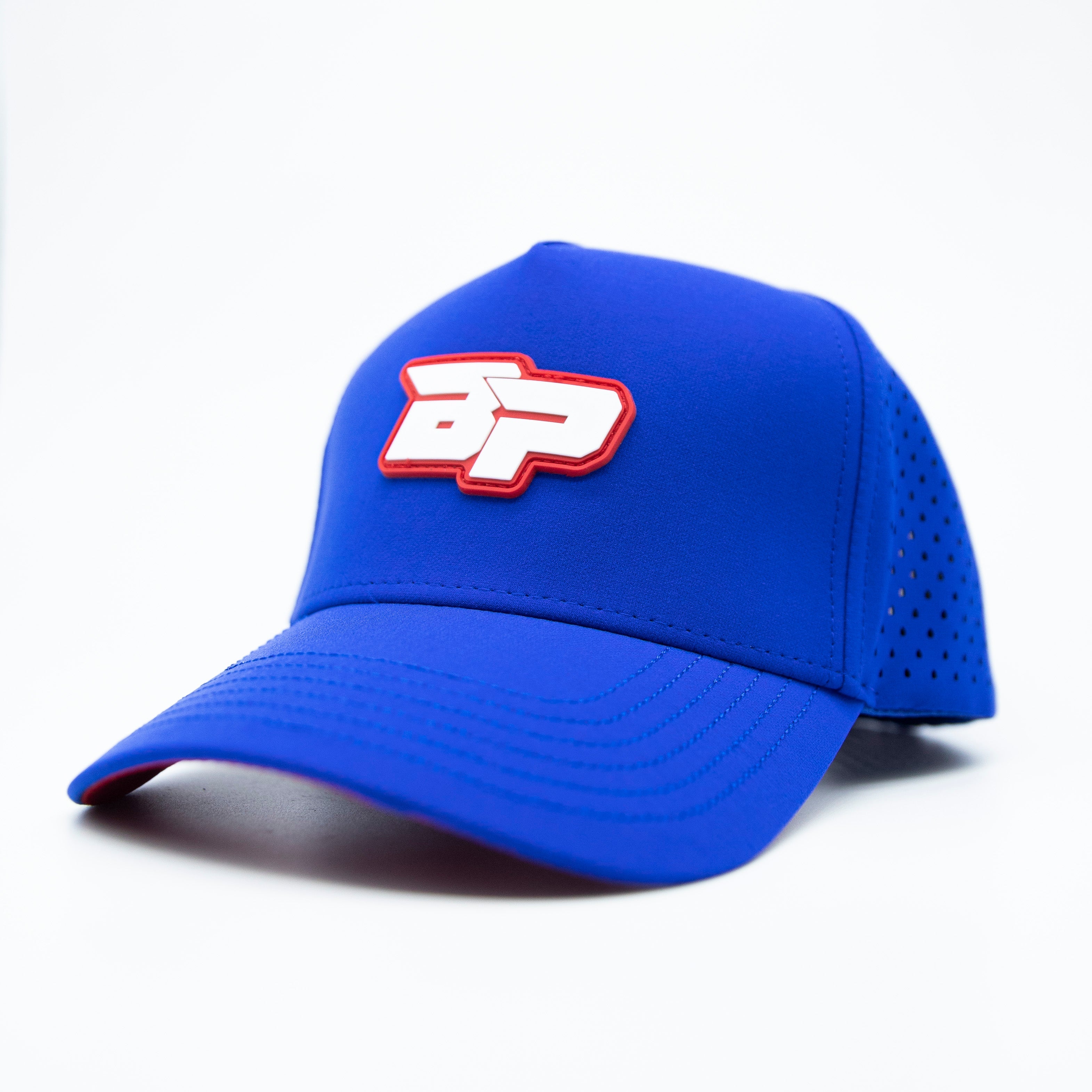 Blue baseball cap with white and red logo.