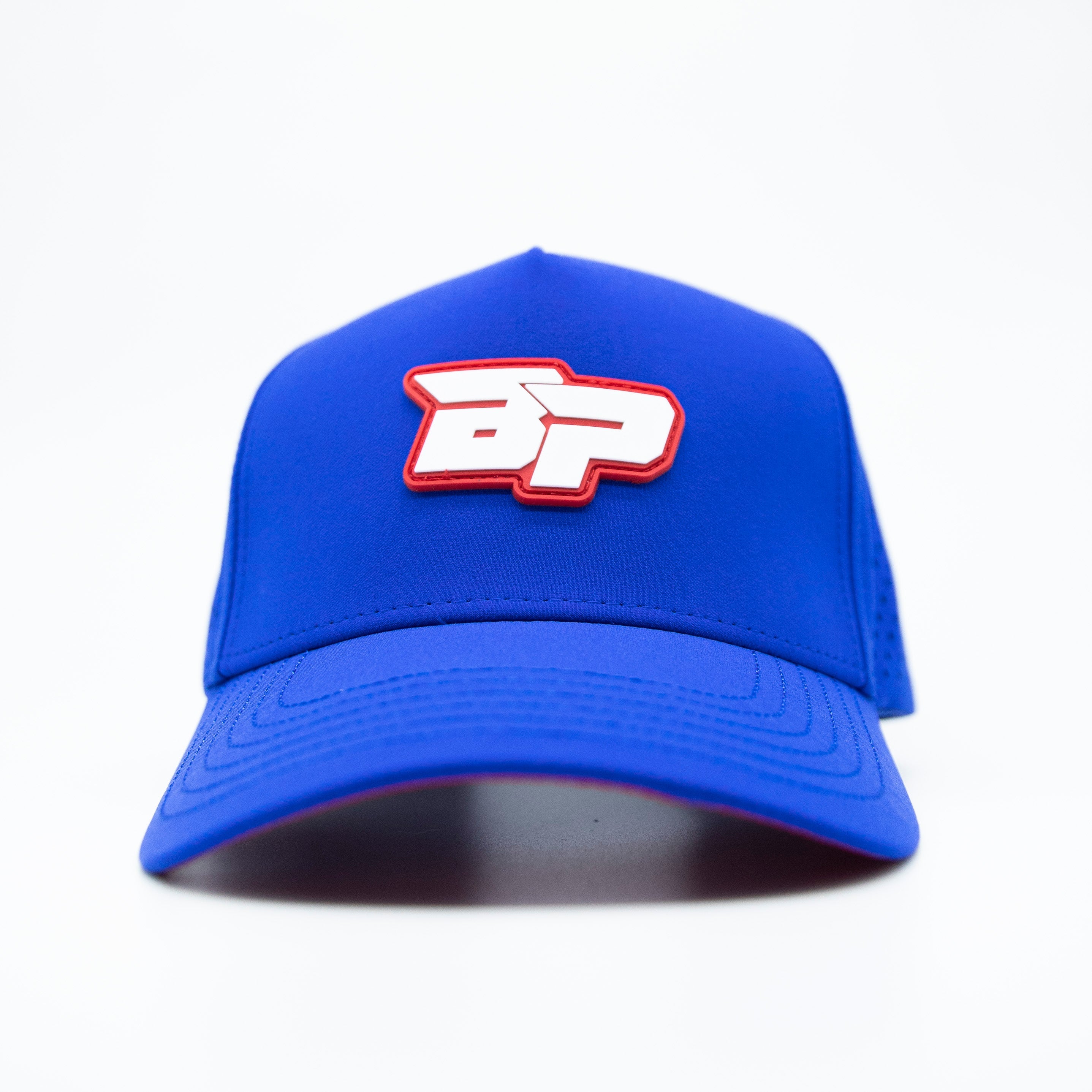 Blue baseball cap with a white and red logo.