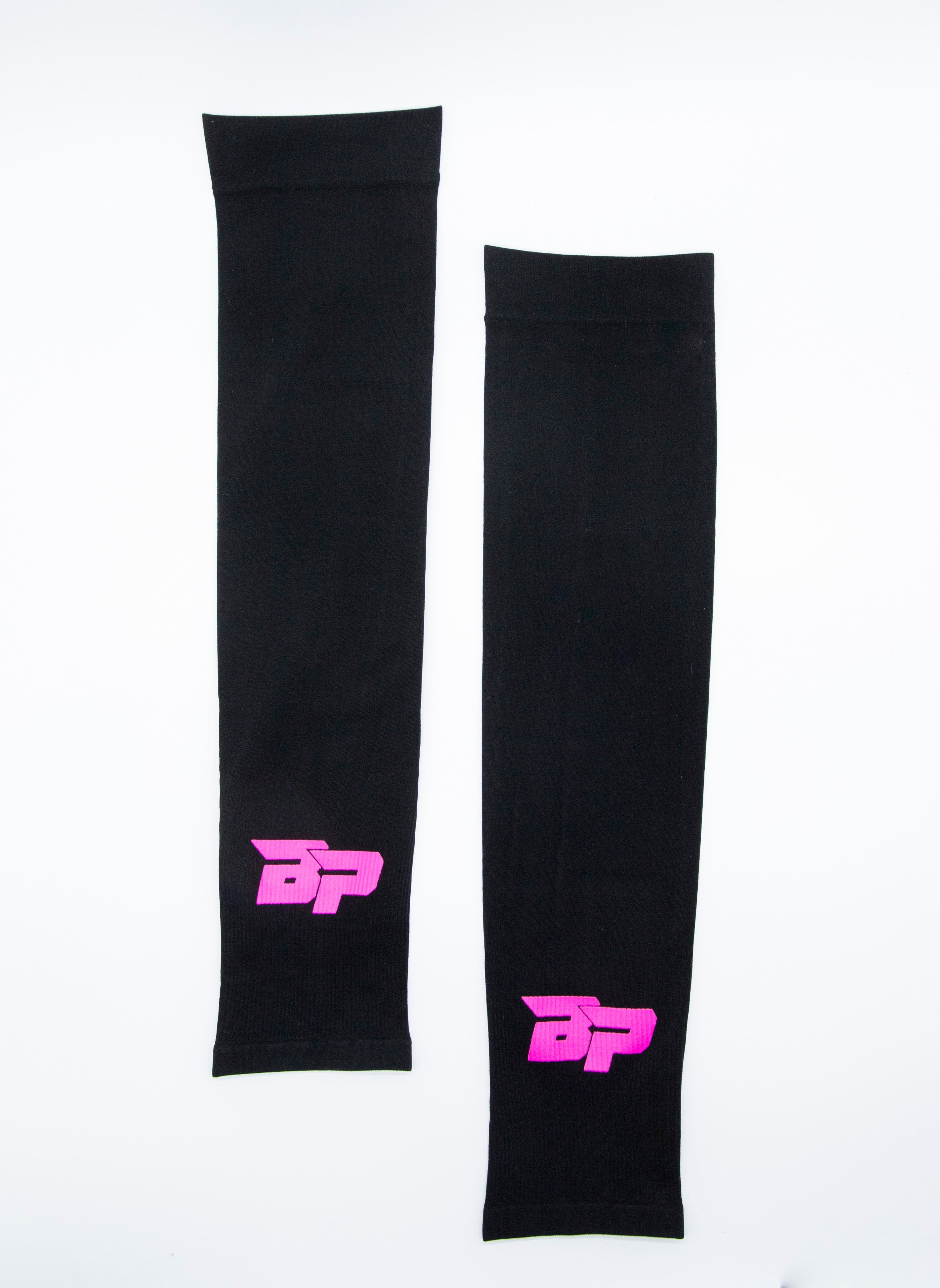 Two black arm sleeves with pink logo on white background.