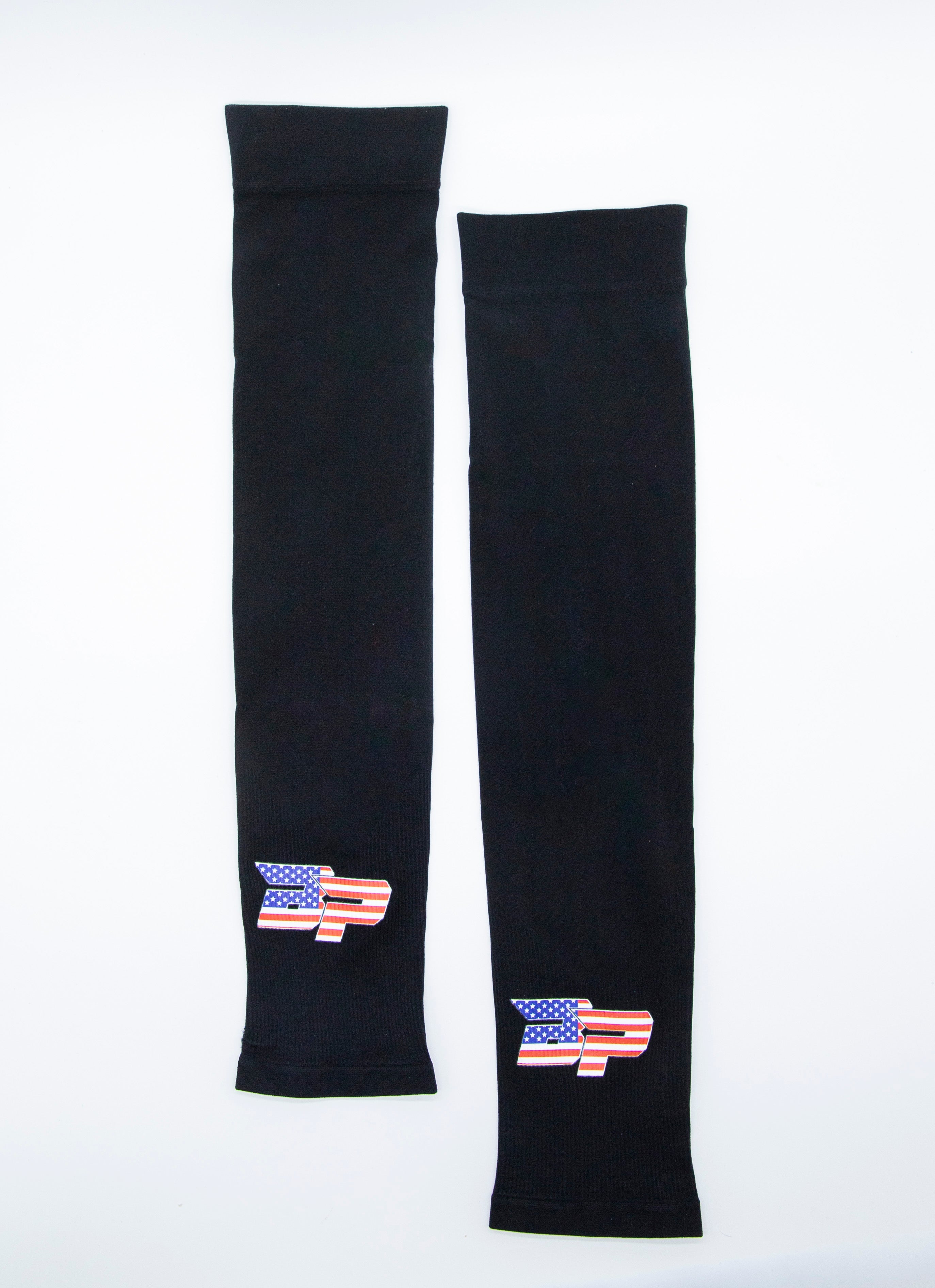 Black Performance Arm Sleeves by Bodhi Pickleball, one shorter, each featuring an American flag P-logo.