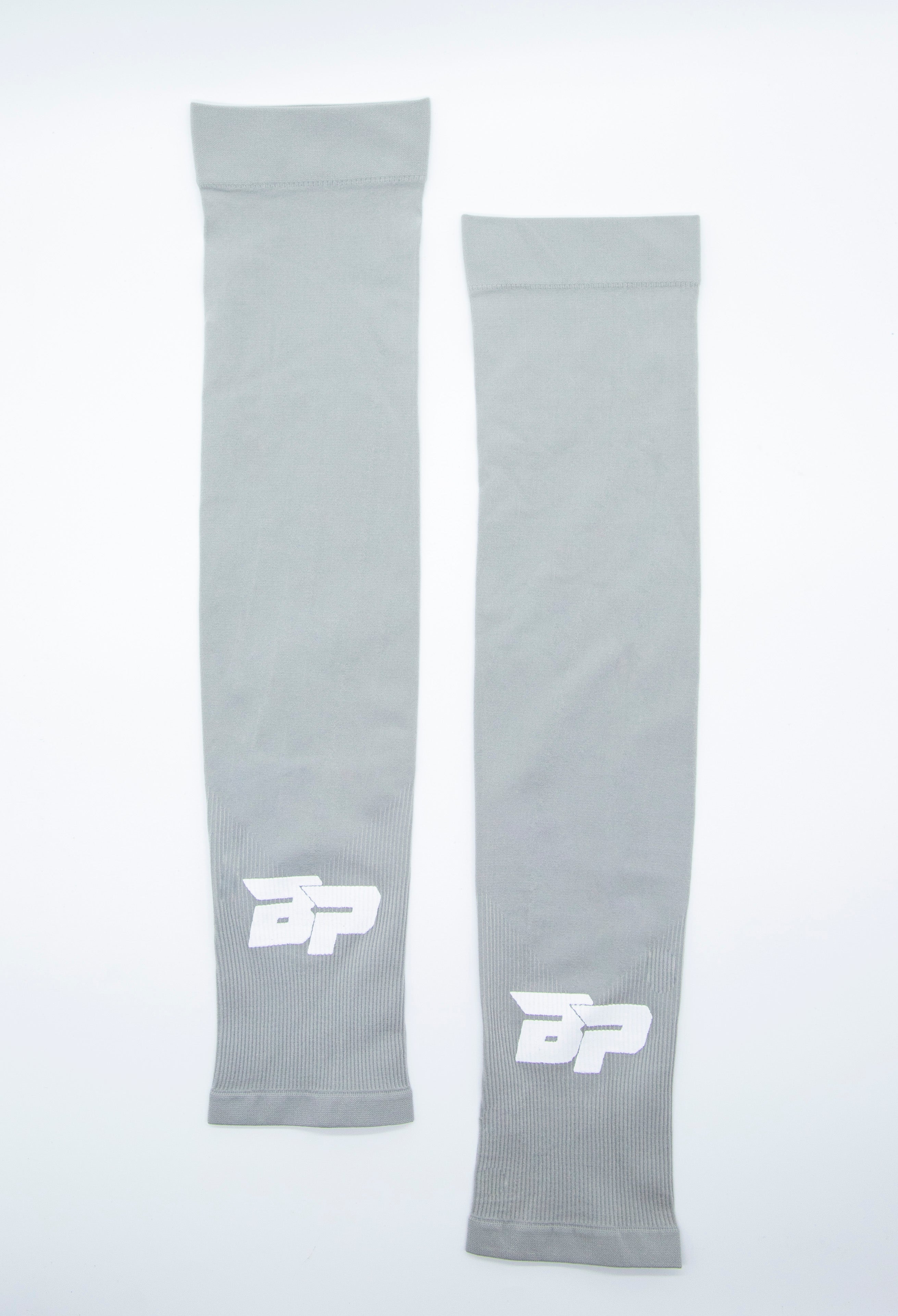 Two gray arm sleeves with a white logo, on a white background.