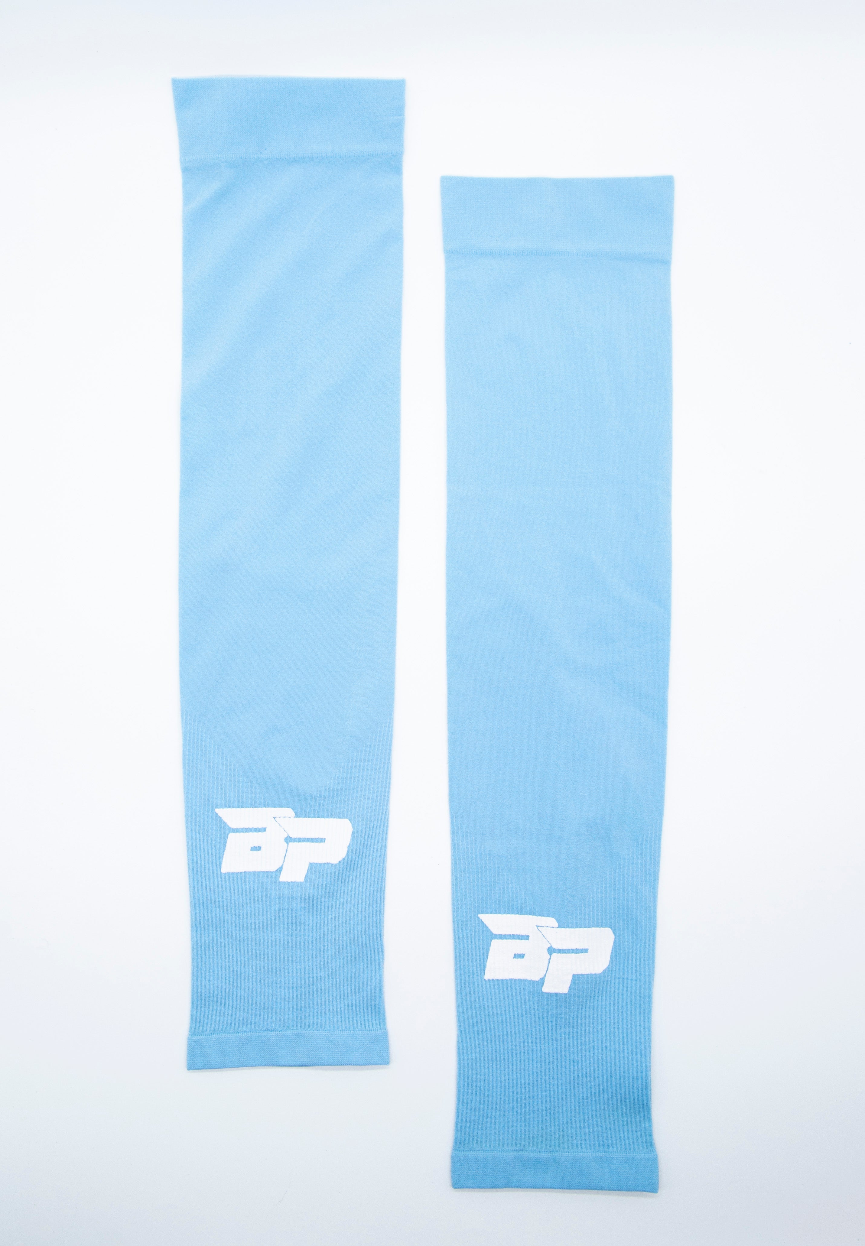 Two blue knit arm sleeves with white logo.