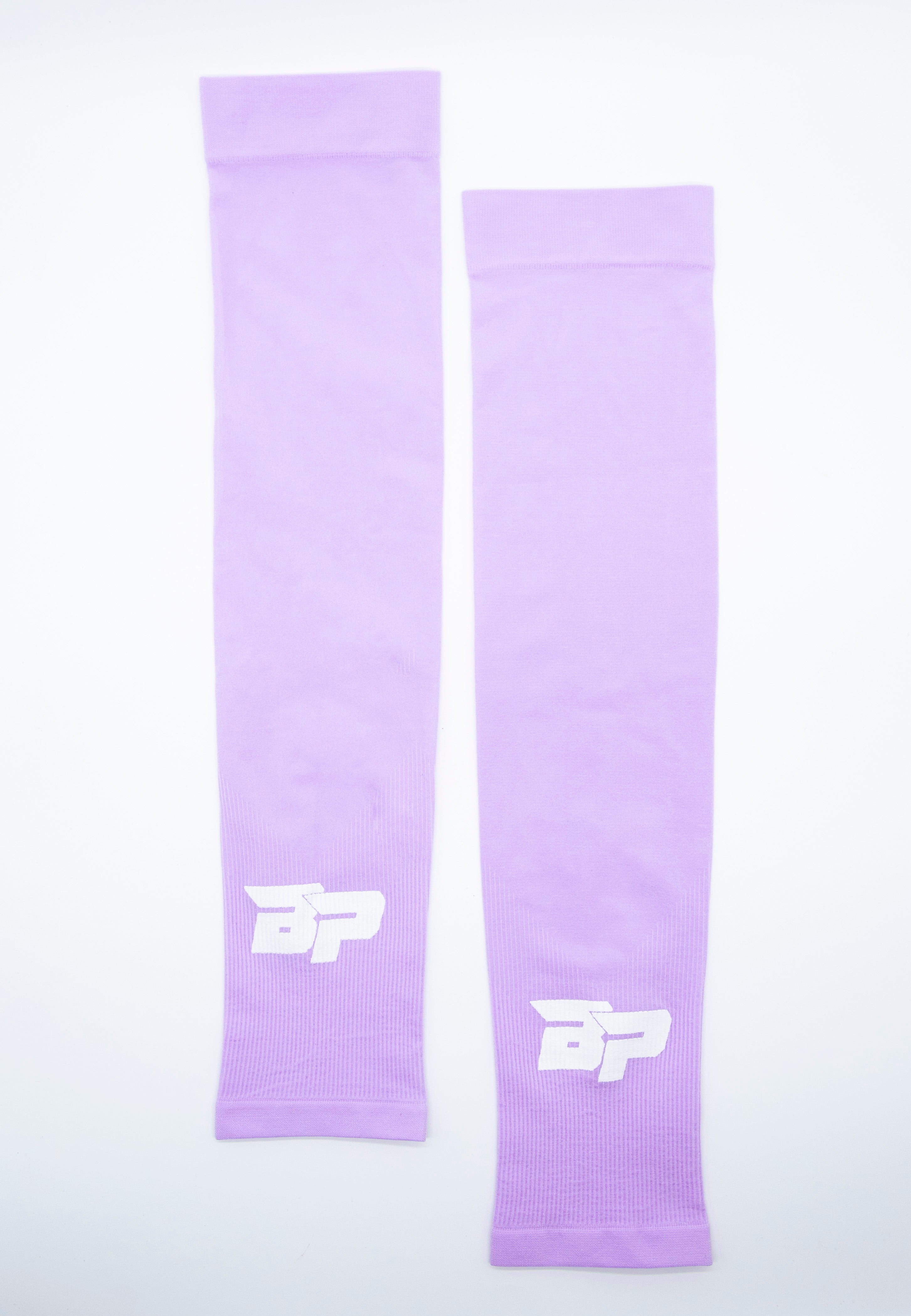 Two lavender arm sleeves with white logos.