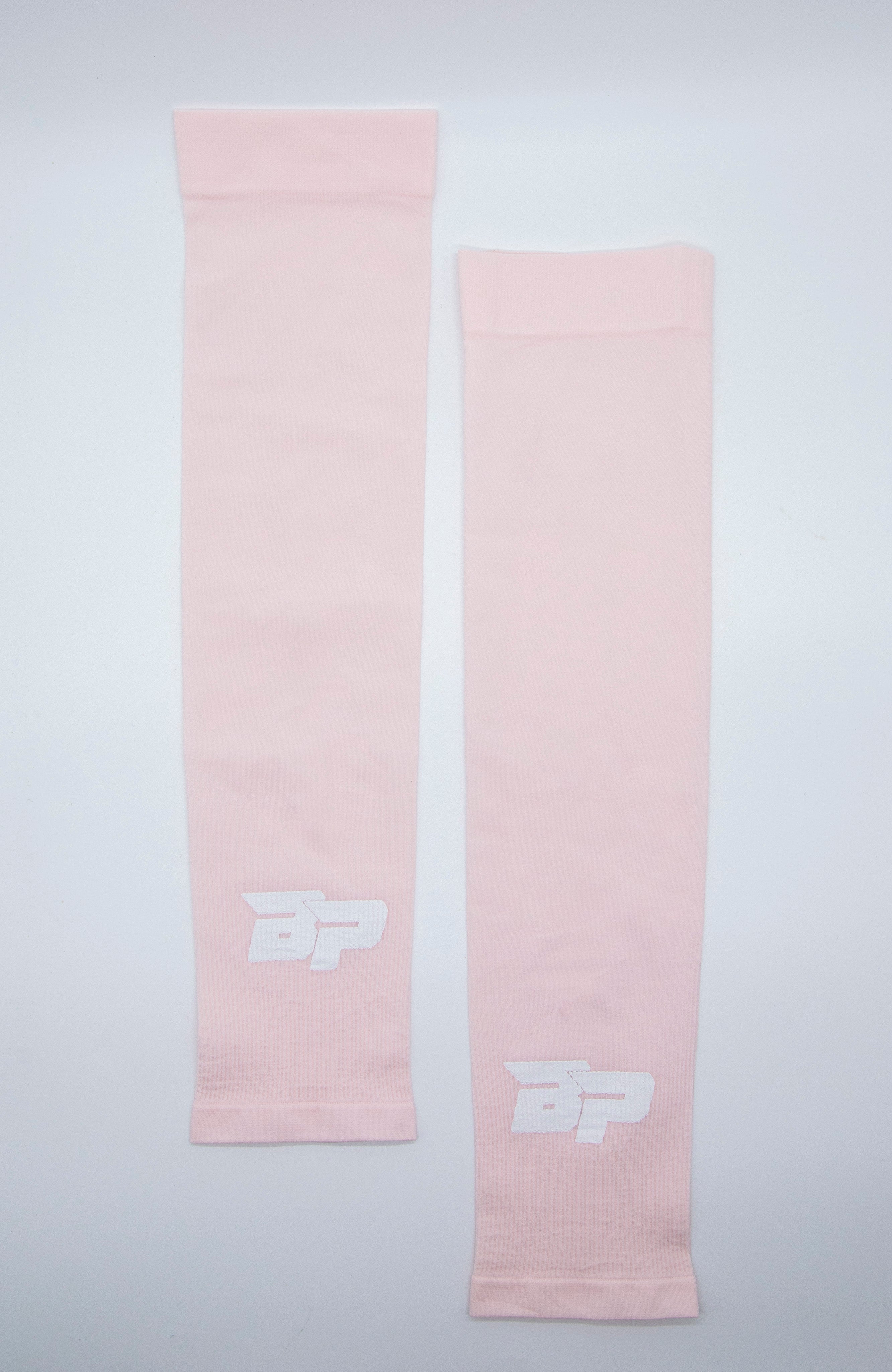 Two pink sleeves with white logos on a white background.