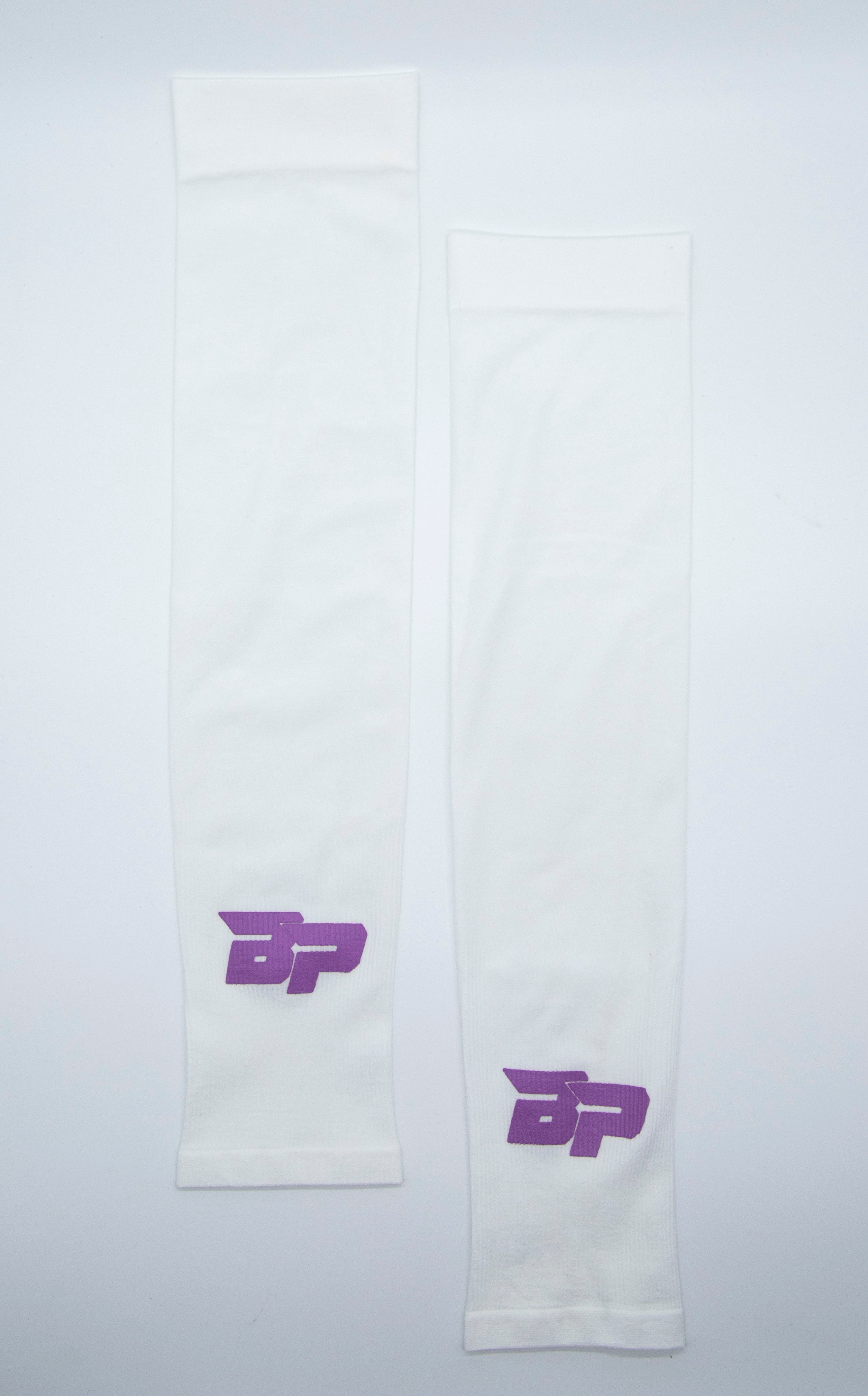 Two white arm sleeves with purple logos.