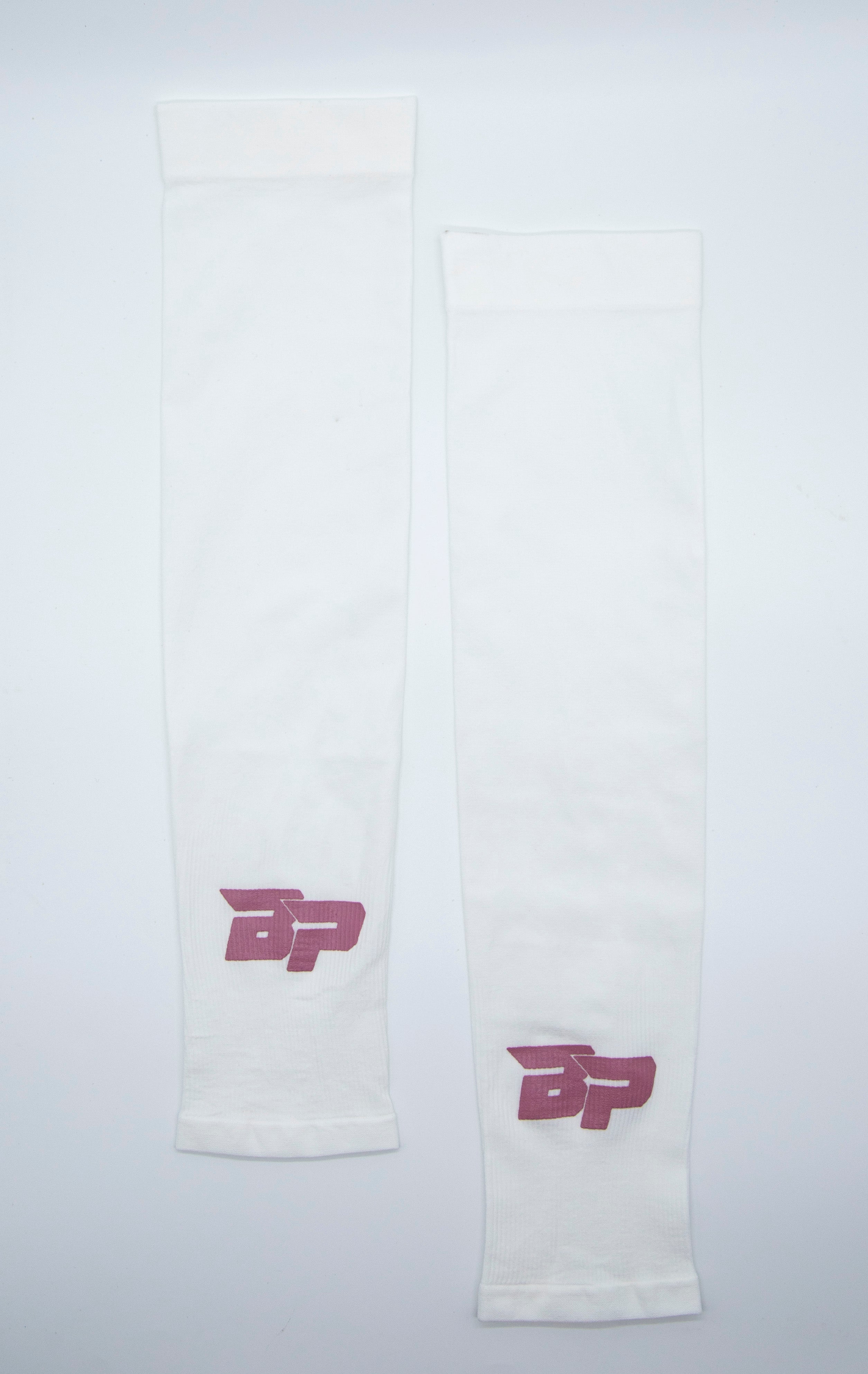 Two white arm sleeves with purple logos on a white background.