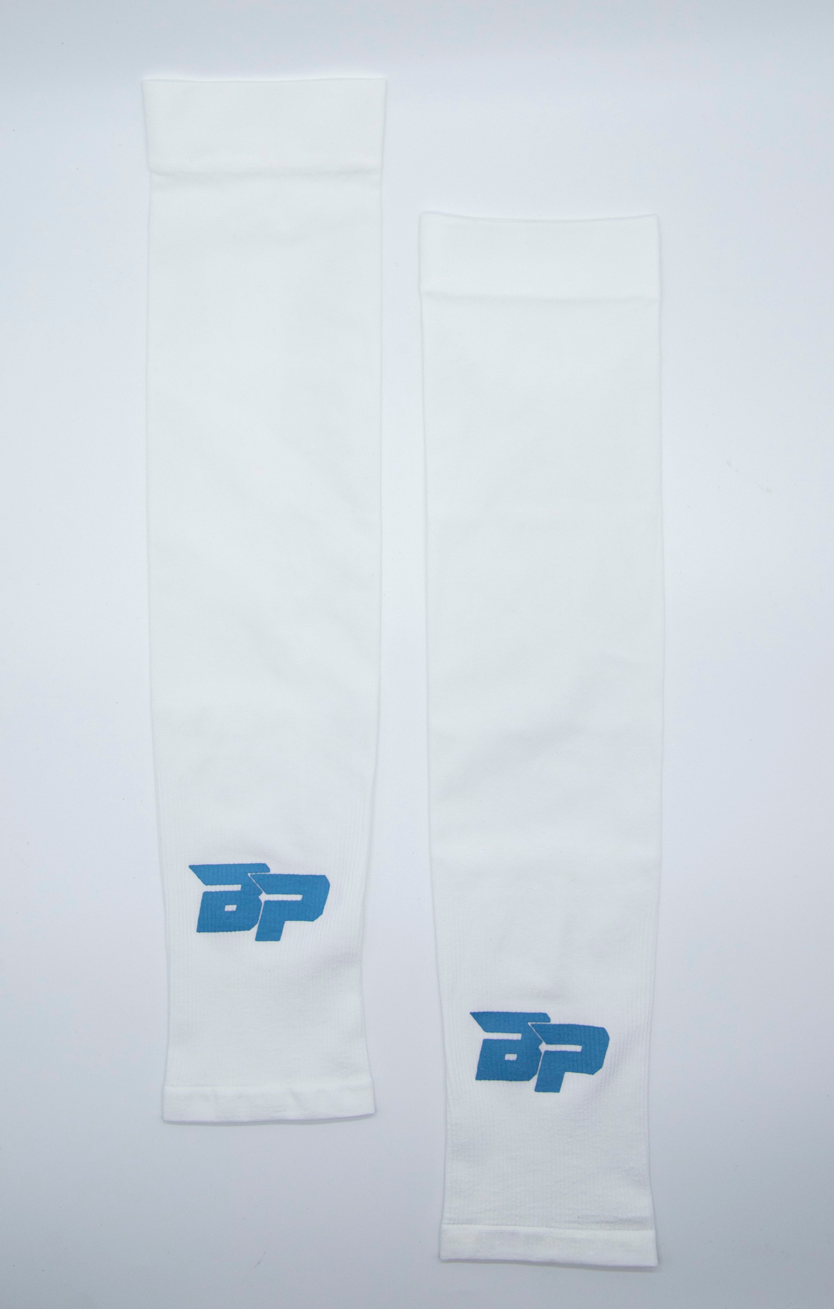 Two white sports sleeves with a blue BP logo.
