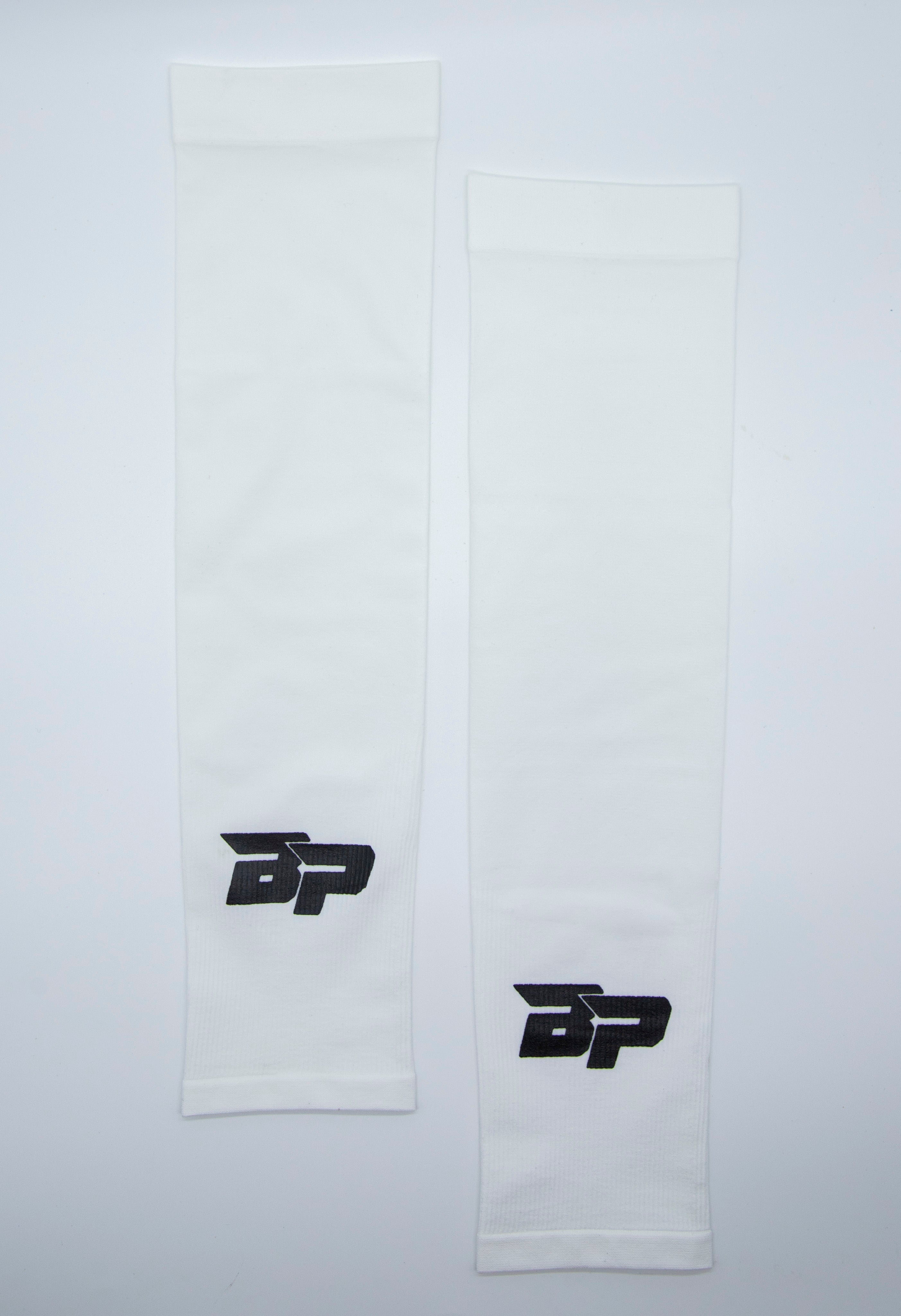 Two white arm sleeves with black logos on a white background.