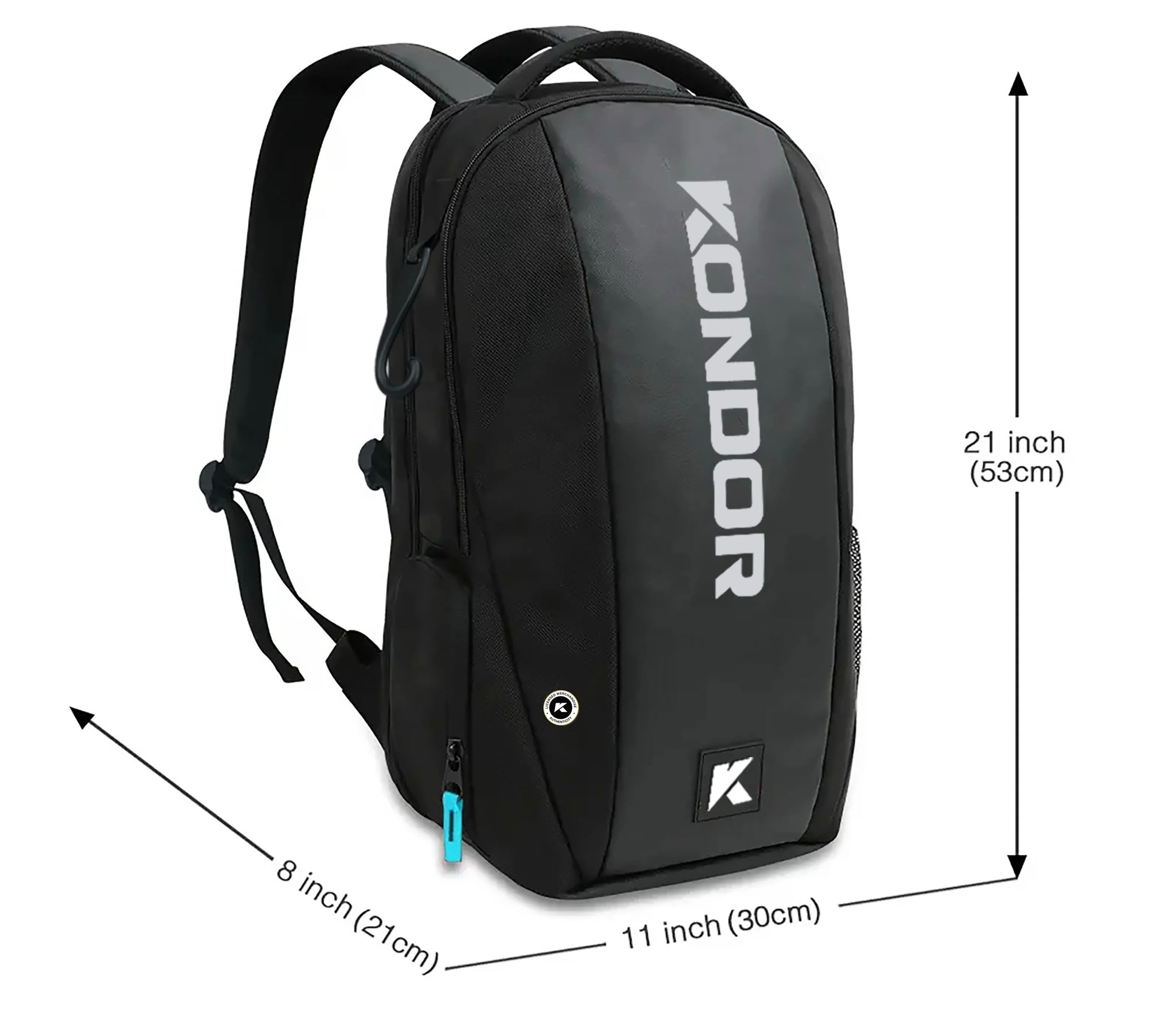 Black Kondor backpack with measurements and logo.