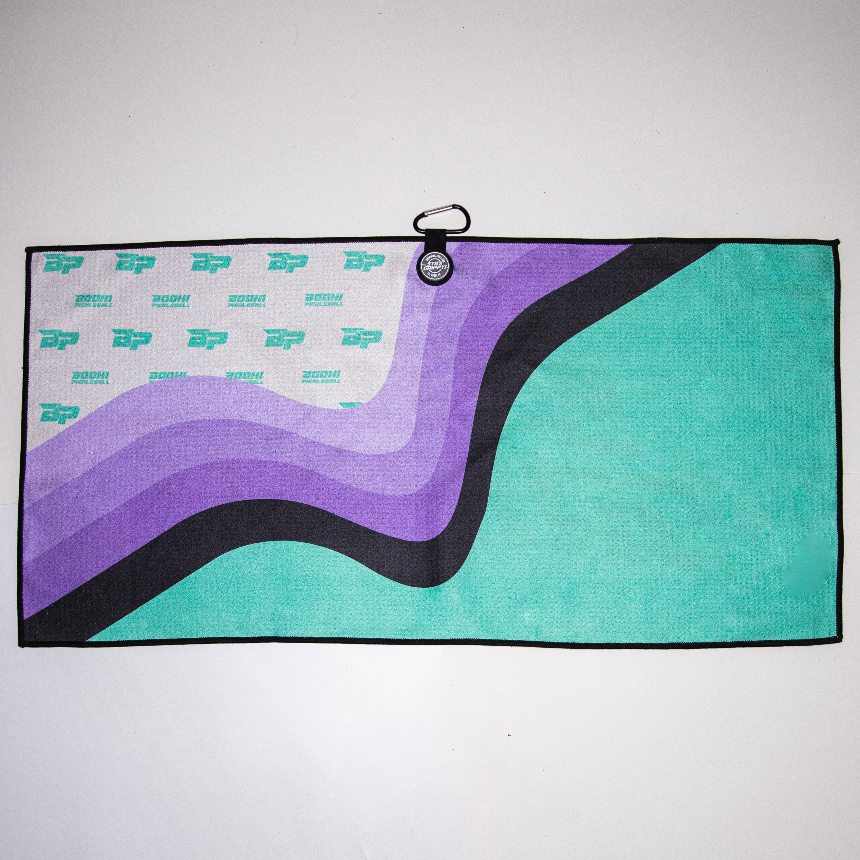 Purple and green Boohi Pickleball towel.