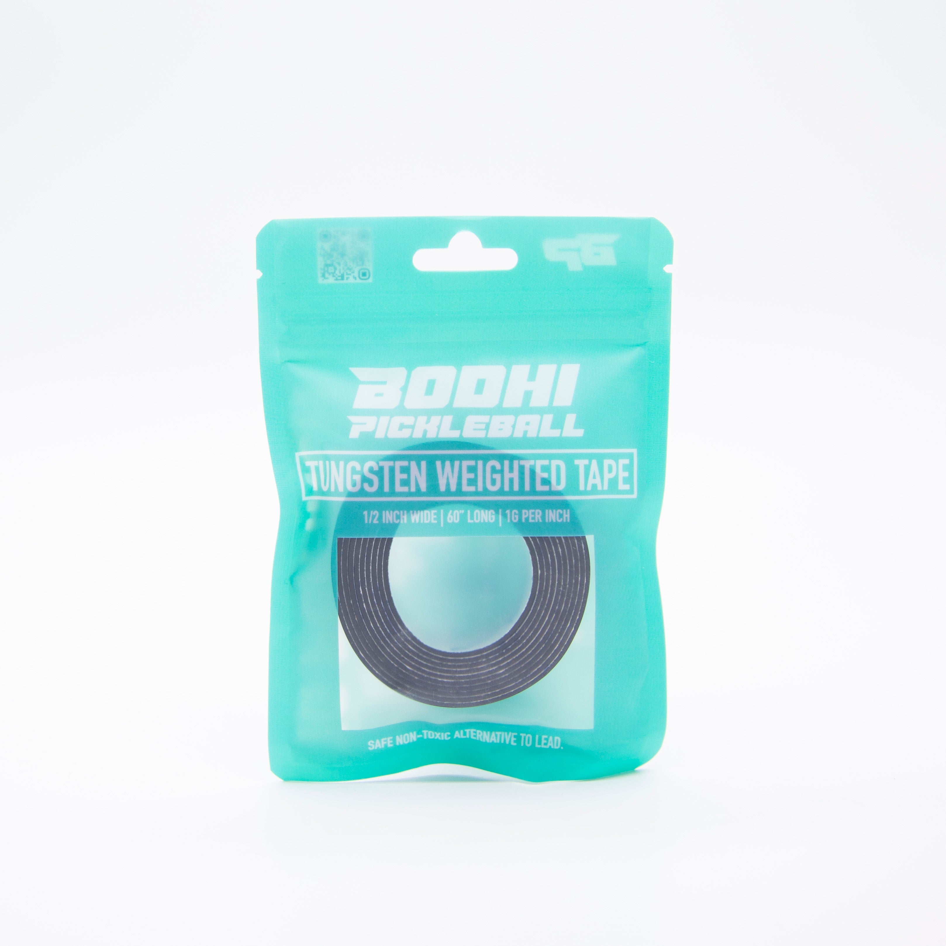 Close-up of a package of Boohi Pickleball Tungsten Weighted Tape, featuring a roll of gray tape visible through a clear window. The packaging is turquoise and displays product information in white text.