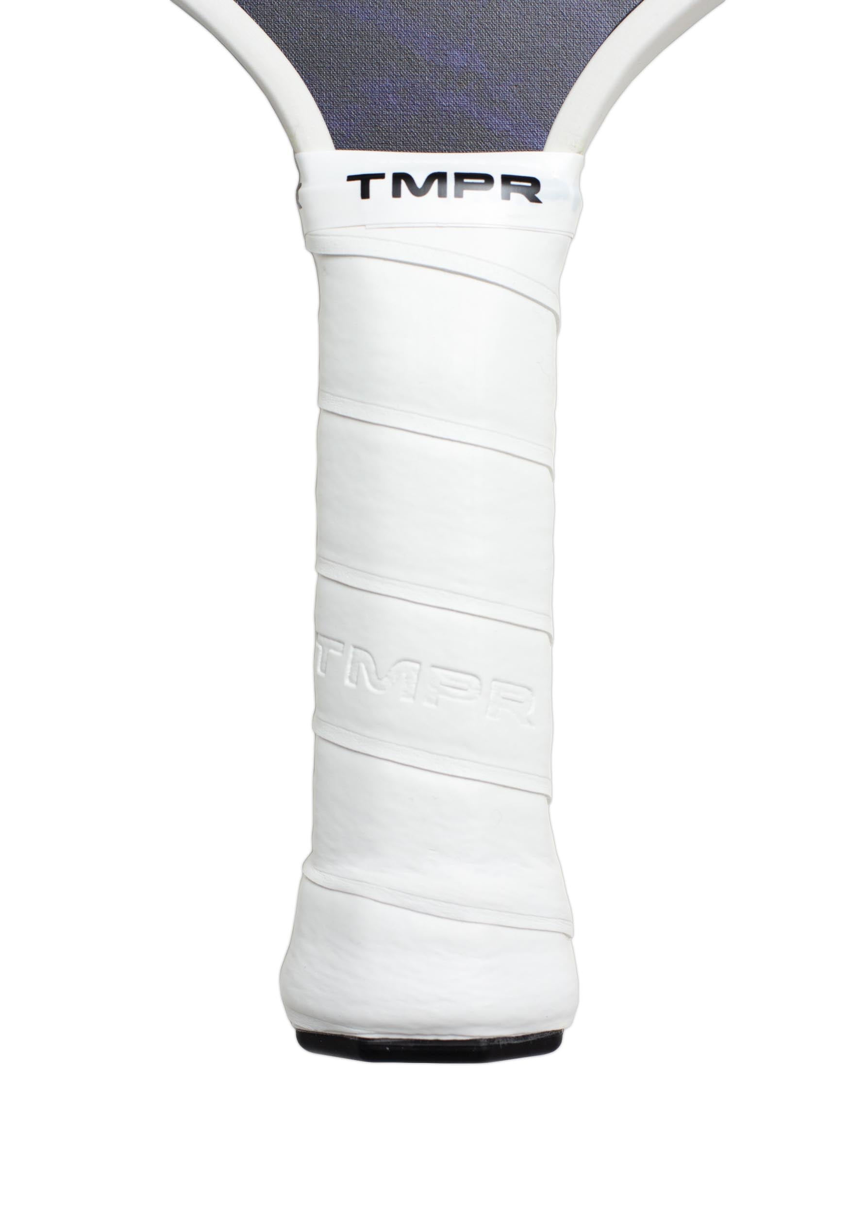 White-gripped pickleball paddle by TMPR Sports, with a spiral-wrapped grip, embossed and printed logos, and dark textured face.
