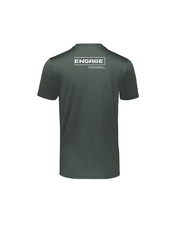 Dark green men's essential tee by EngagePickleball, featuring "ENGAGE PICKLEBALL" in white on the upper back.
