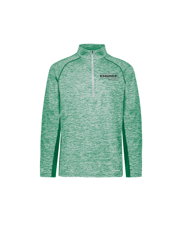 Men's heather green 1/2 zip pullover by EngagePickleball, with dark green side panels, a cuff logo, and "ENGAGE PICKLEBALL" text on the chest.
