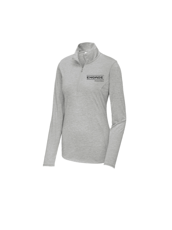 Light grey heathered women's 1/4-zip pullover by EngagePickleball, with a high collar and 'ENGAGE PICKLEBALL' logo on the chest.
