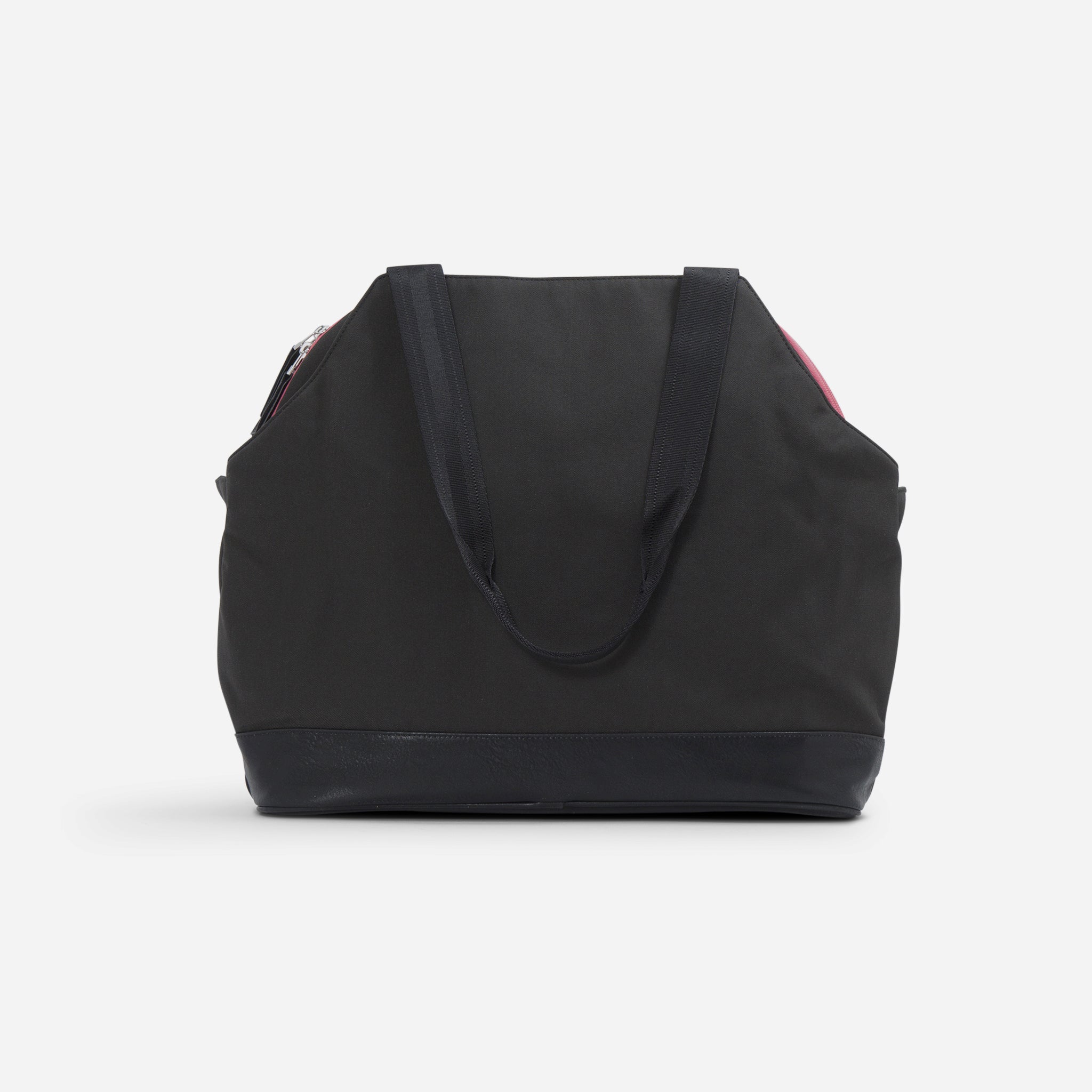 Black tennis duffel and tote sport bag by Doubletake with black straps, pink interior lining, and a leather-like base, viewed from the back.