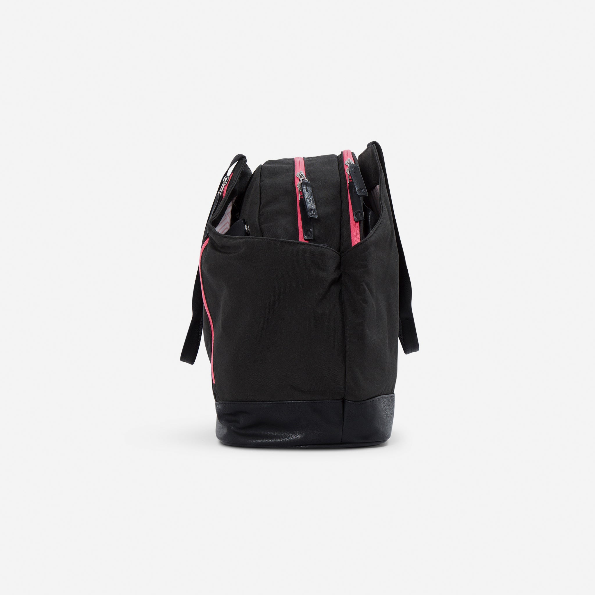 Black Tennis Duffel Tote Bag by Doubletake with pink zippers and a textured base, side view.