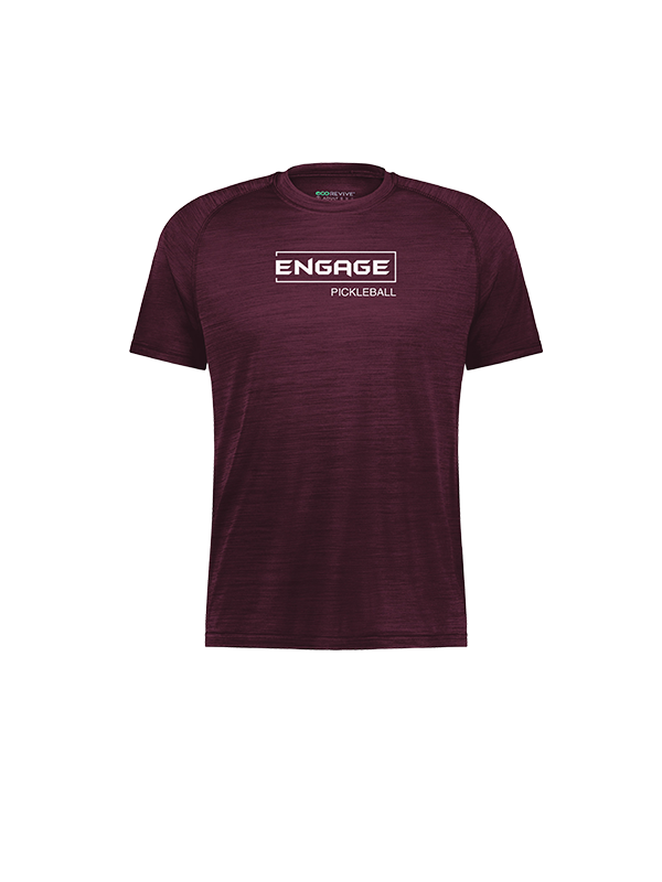Men's heathered maroon short-sleeve tee by EngagePickleball, with a white "ENGAGE" box logo, "PICKLEBALL" text, and a visible "ECO REVIVE" tag.