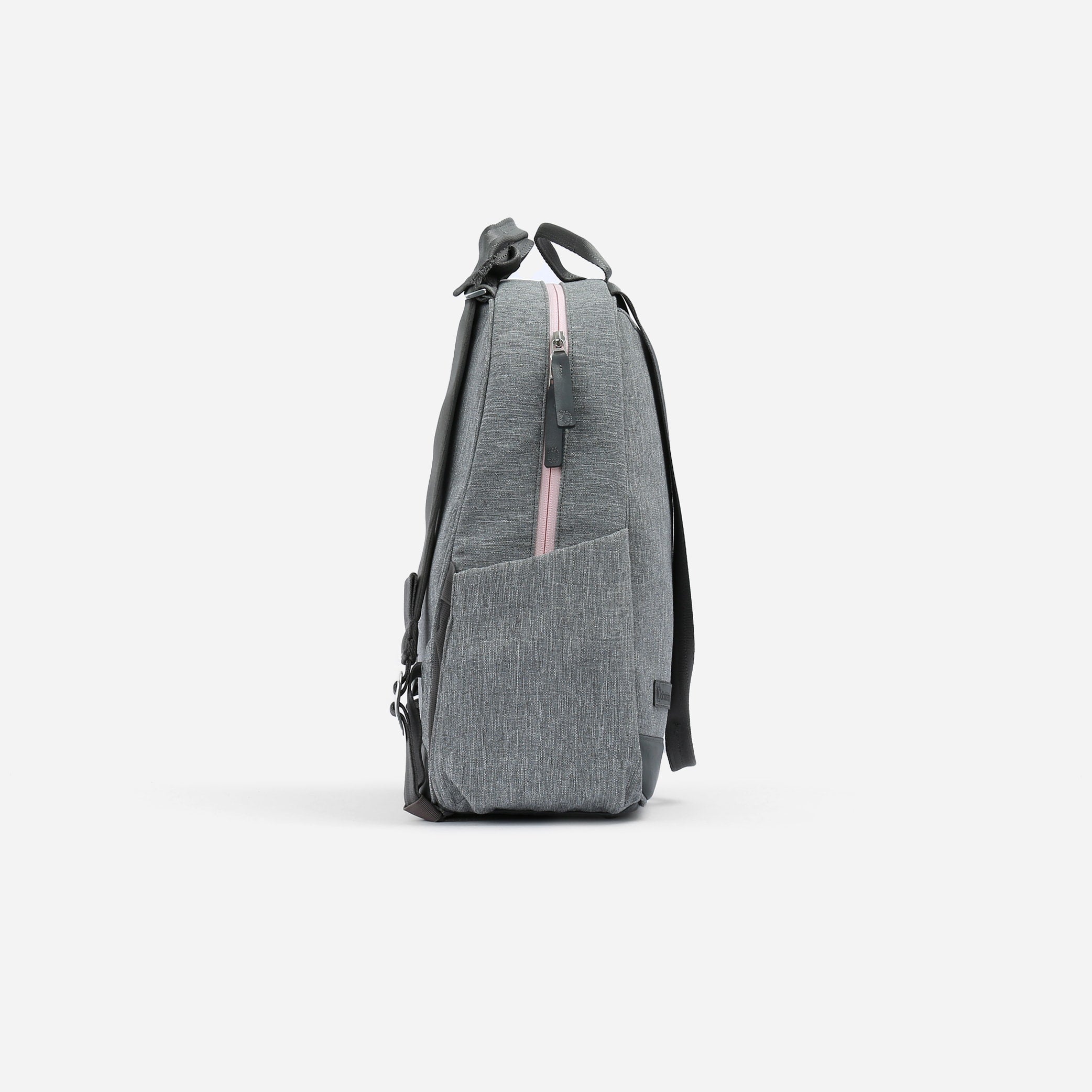 Grey heathered Pickleball Backpack & Tote by Doubletake, shown from the side with a pink zipper and a side pocket.