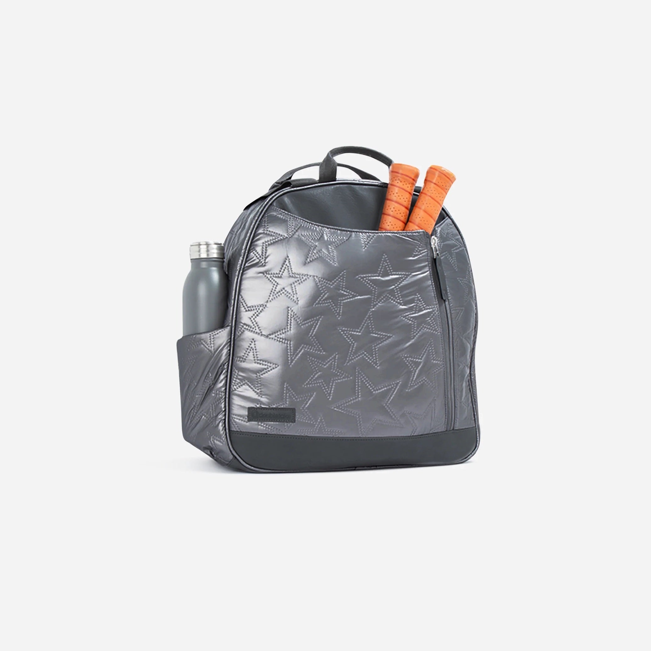 Grey quilted pickleball backpack by Doubletake with star pattern, holding a water bottle and orange paddle grips.