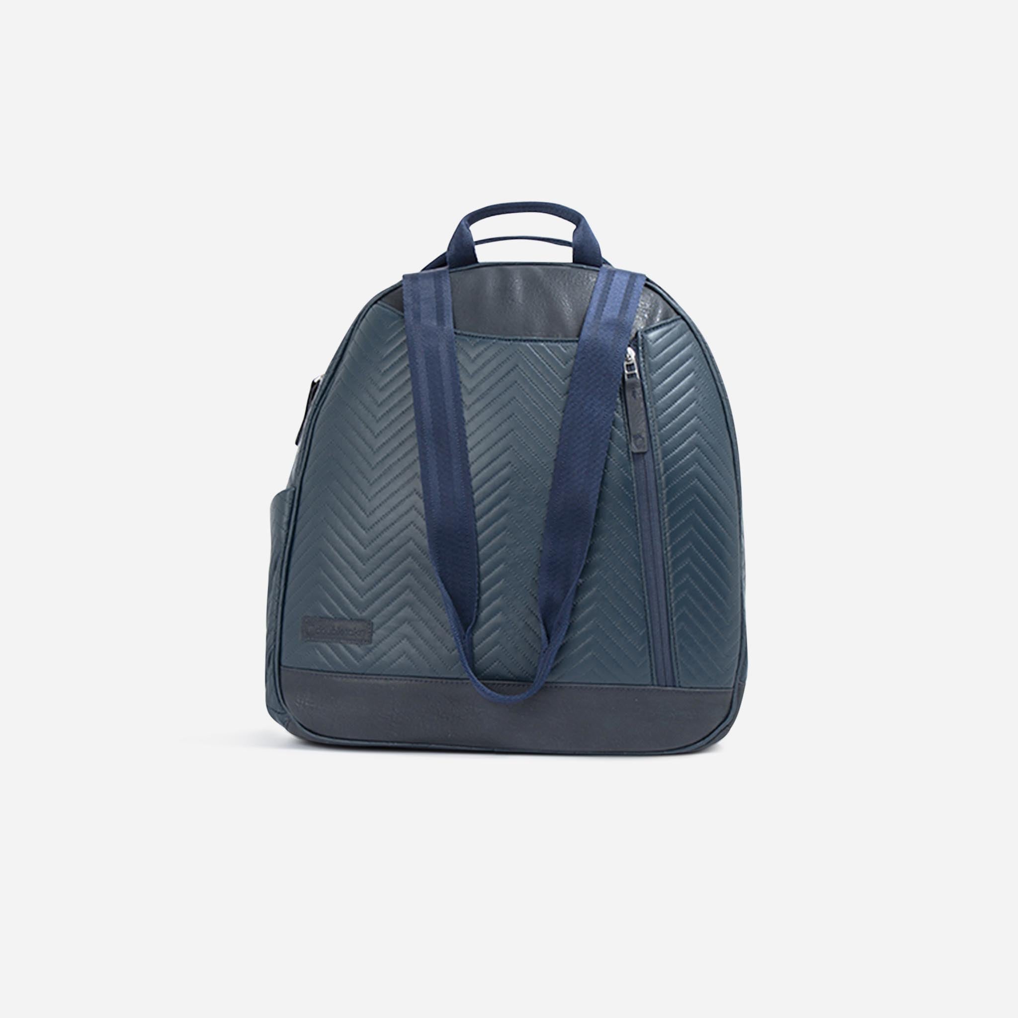 Dark teal pickleball backpack by Doubletake, with chevron pattern, dark base, and blue straps; back view.