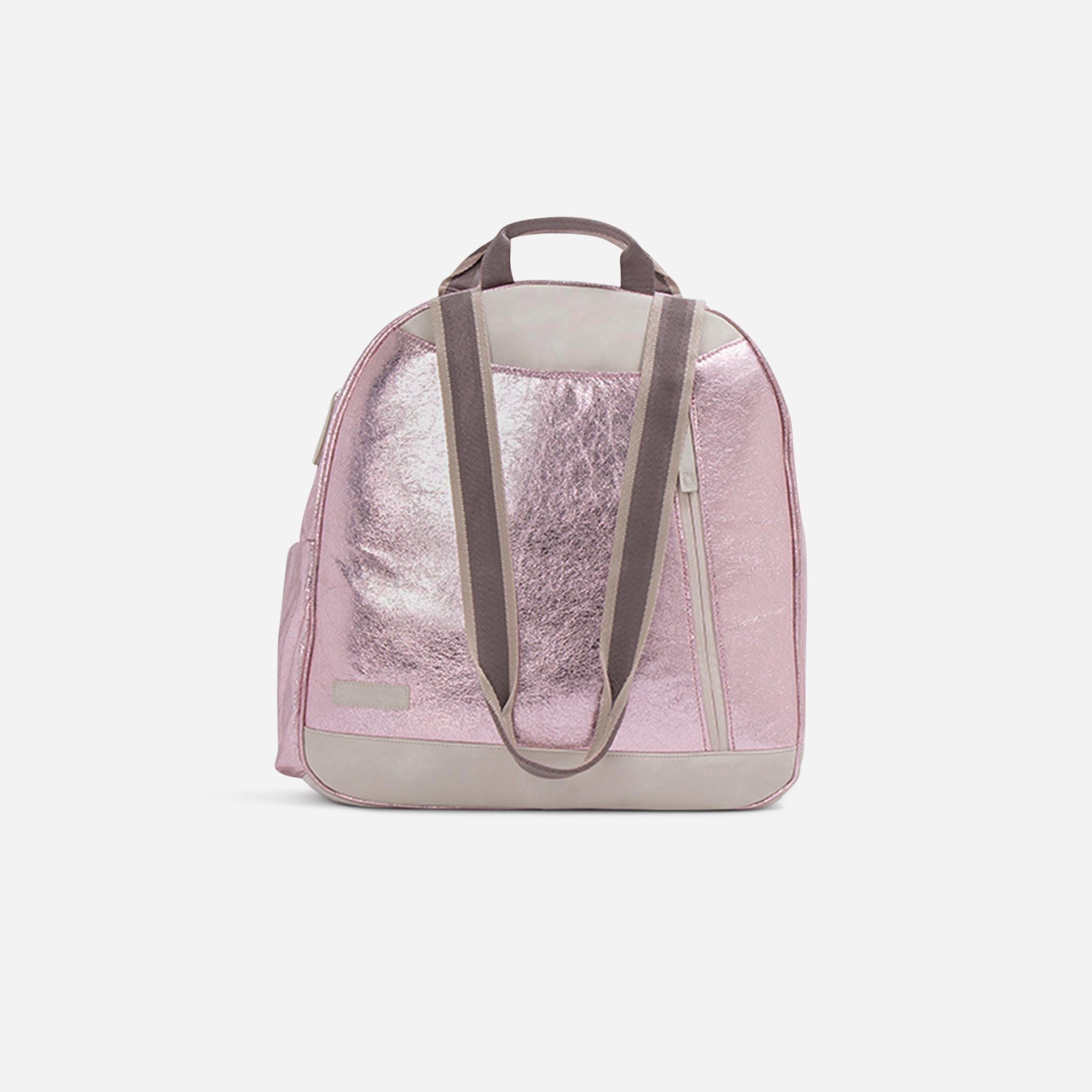 Pink metallic tennis backpack and tote by Doubletake with light grey straps and base, shown from the back.