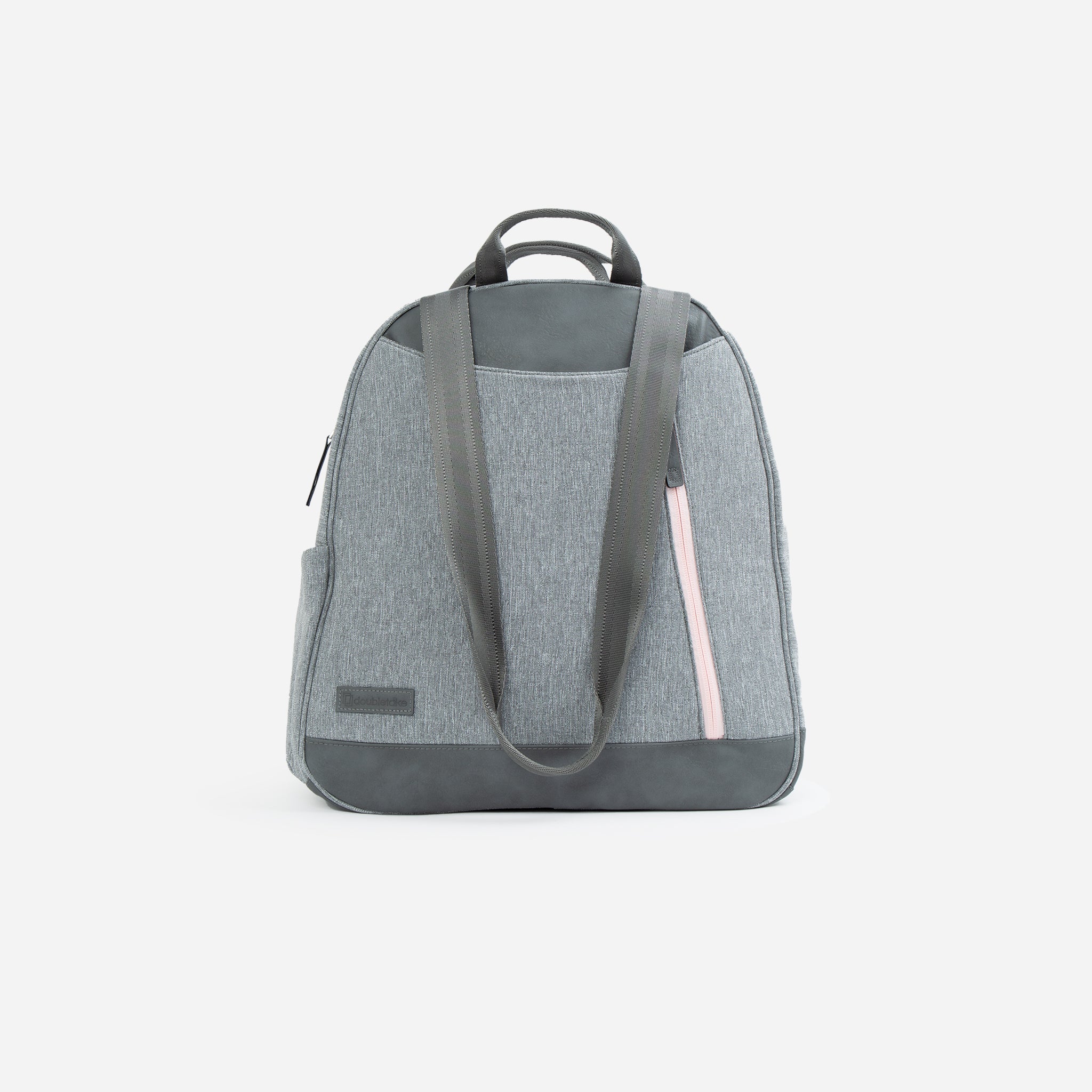 Grey textured Pickleball Backpack by Doubletake featuring dark grey faux leather details and a pink side zipper, shown from the back.