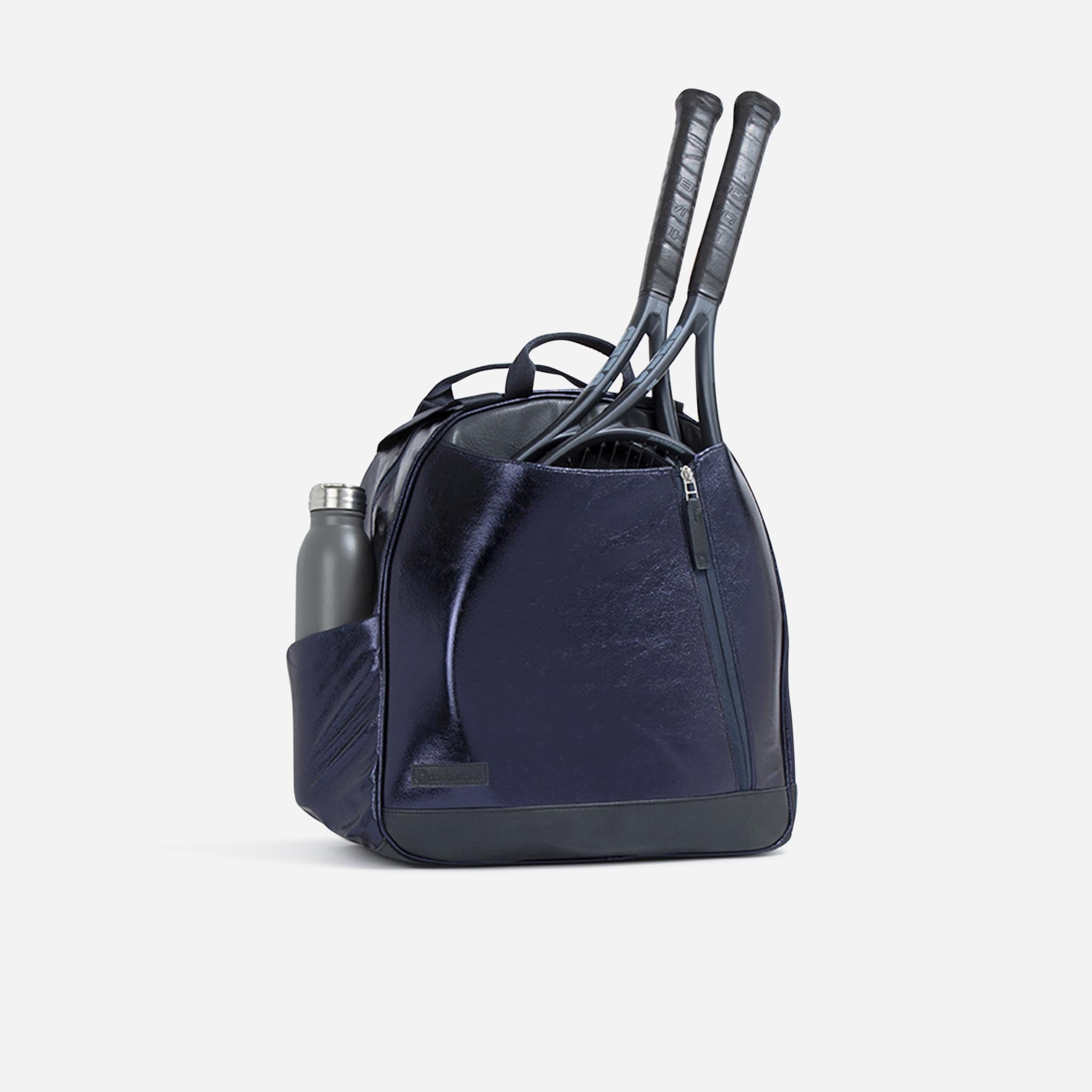 Dark blue metallic tennis backpack & tote by Doubletake, holding two rackets and a gray water bottle.