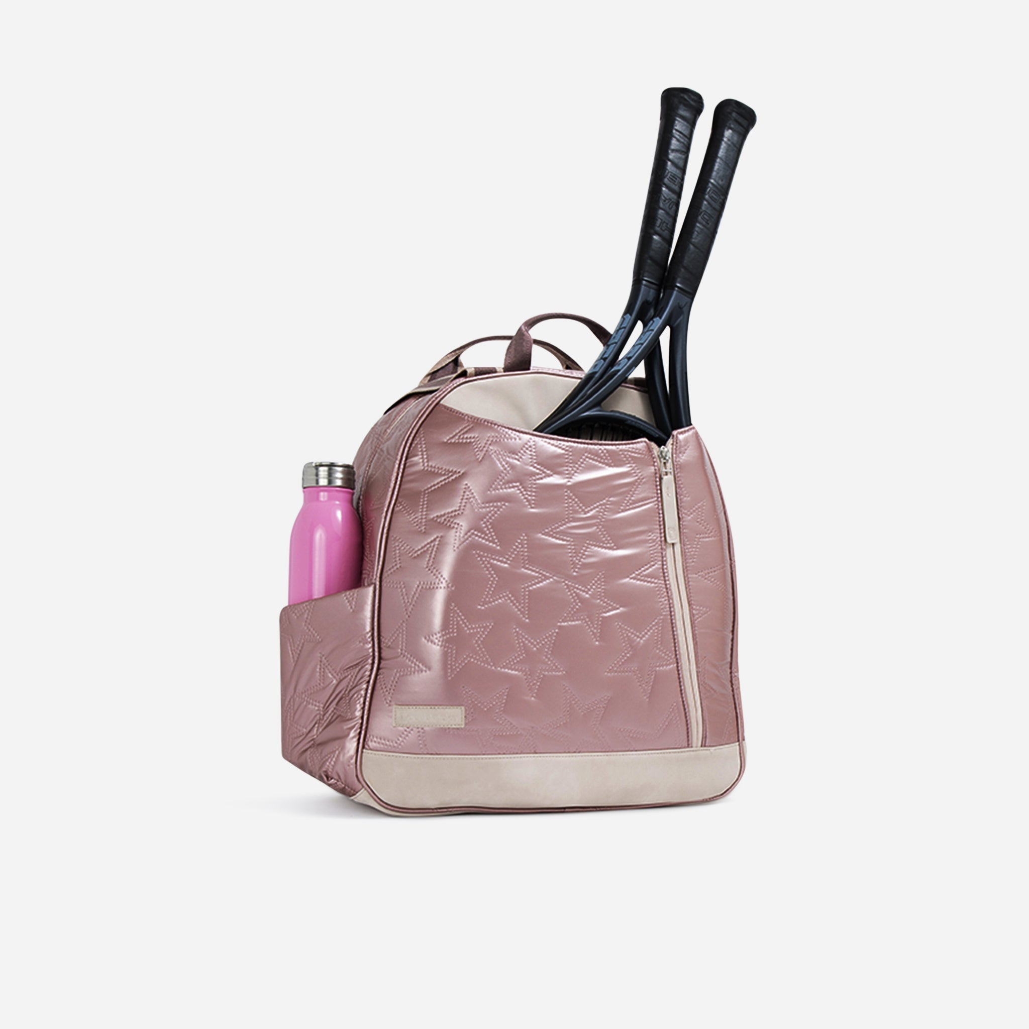 Rose gold metallic Tennis Backpack & Tote with beige trim by Doubletake, featuring a quilted star pattern, a pink water bottle, and two black tennis racquets.