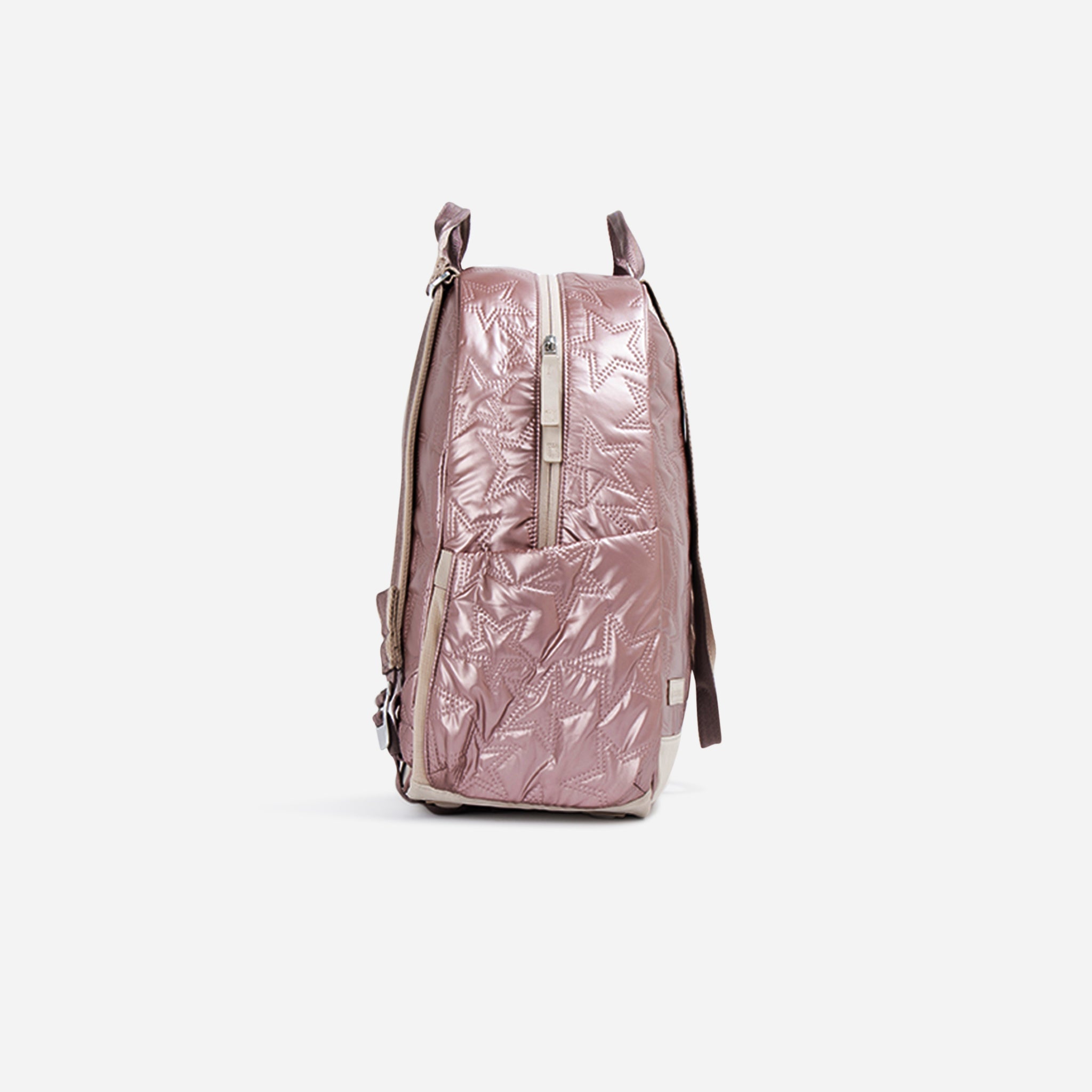 Pink metallic quilted Tennis Backpack by Doubletake with star pattern, seen from the side.