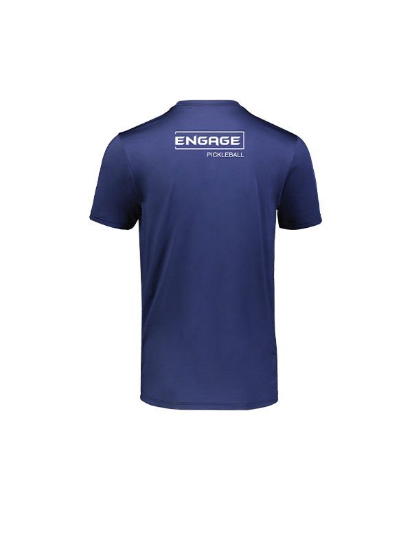 Men's navy blue t-shirt by EngagePickleball with a white 'Engage Pickleball' logo on the back.